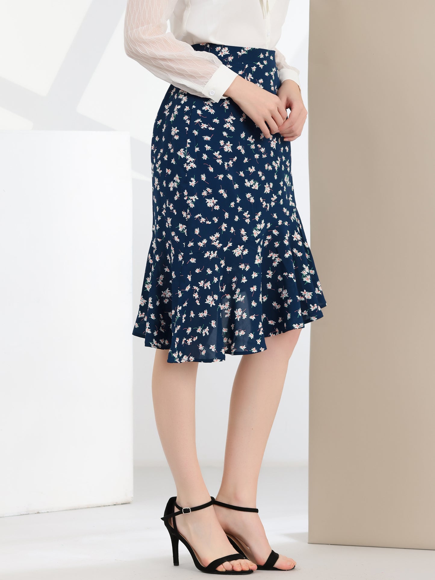 Women's Floral Eleagnt High Waist Mermaid Asymmetrical Ruffle Summer Skirt