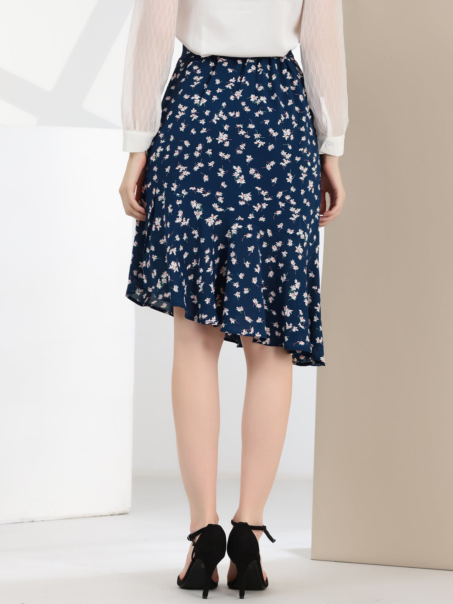 Women's Floral Eleagnt High Waist Mermaid Asymmetrical Ruffle Summer Skirt