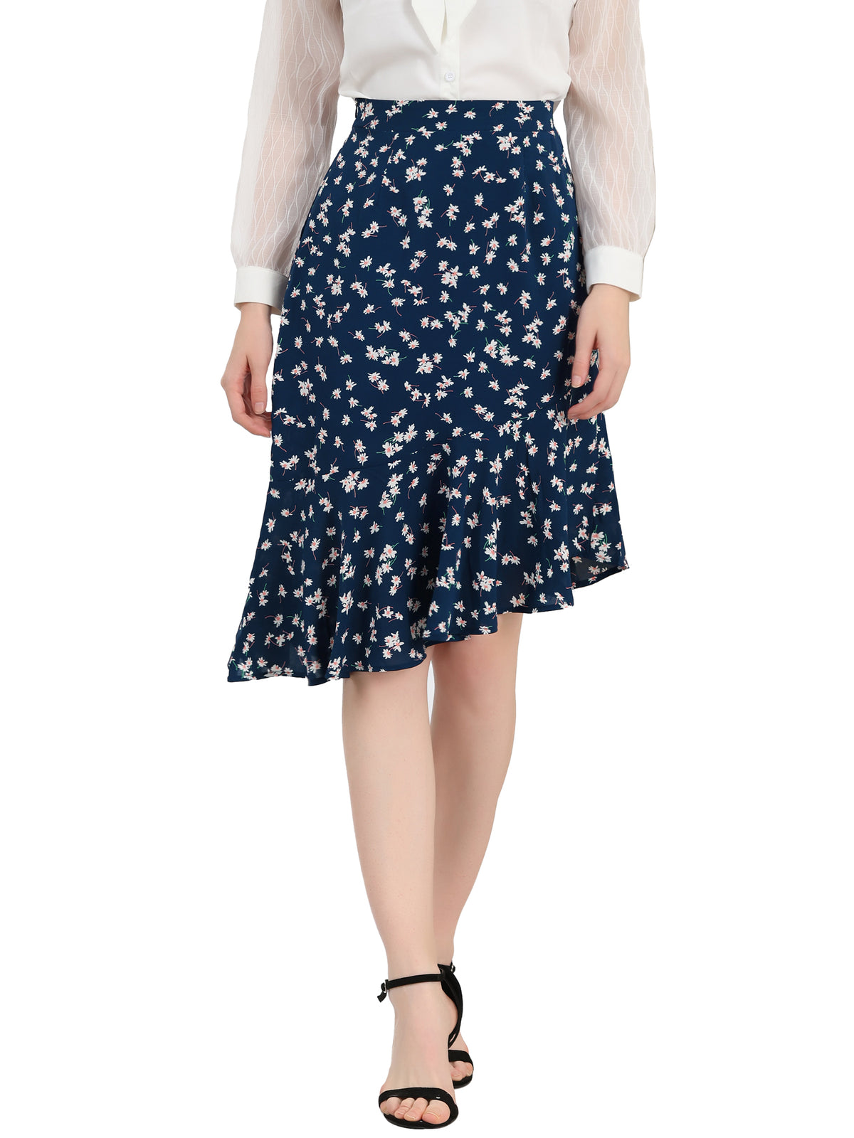 Women's Floral Eleagnt High Waist Mermaid Asymmetrical Ruffle Summer Skirt