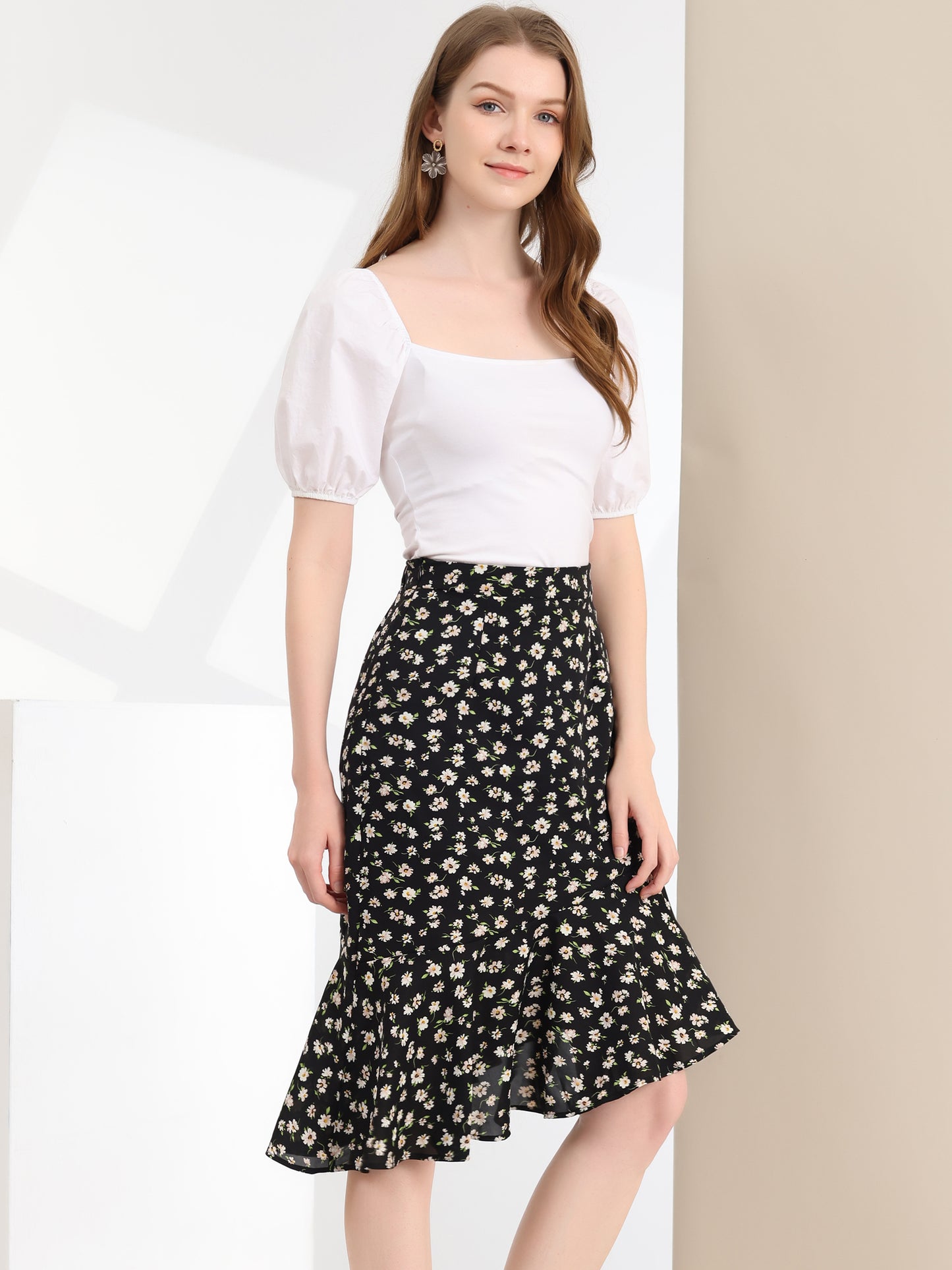 Falda de verano con volantes asimétricos, estilo sirena, cintura alta y elegante diseño floral para mujer