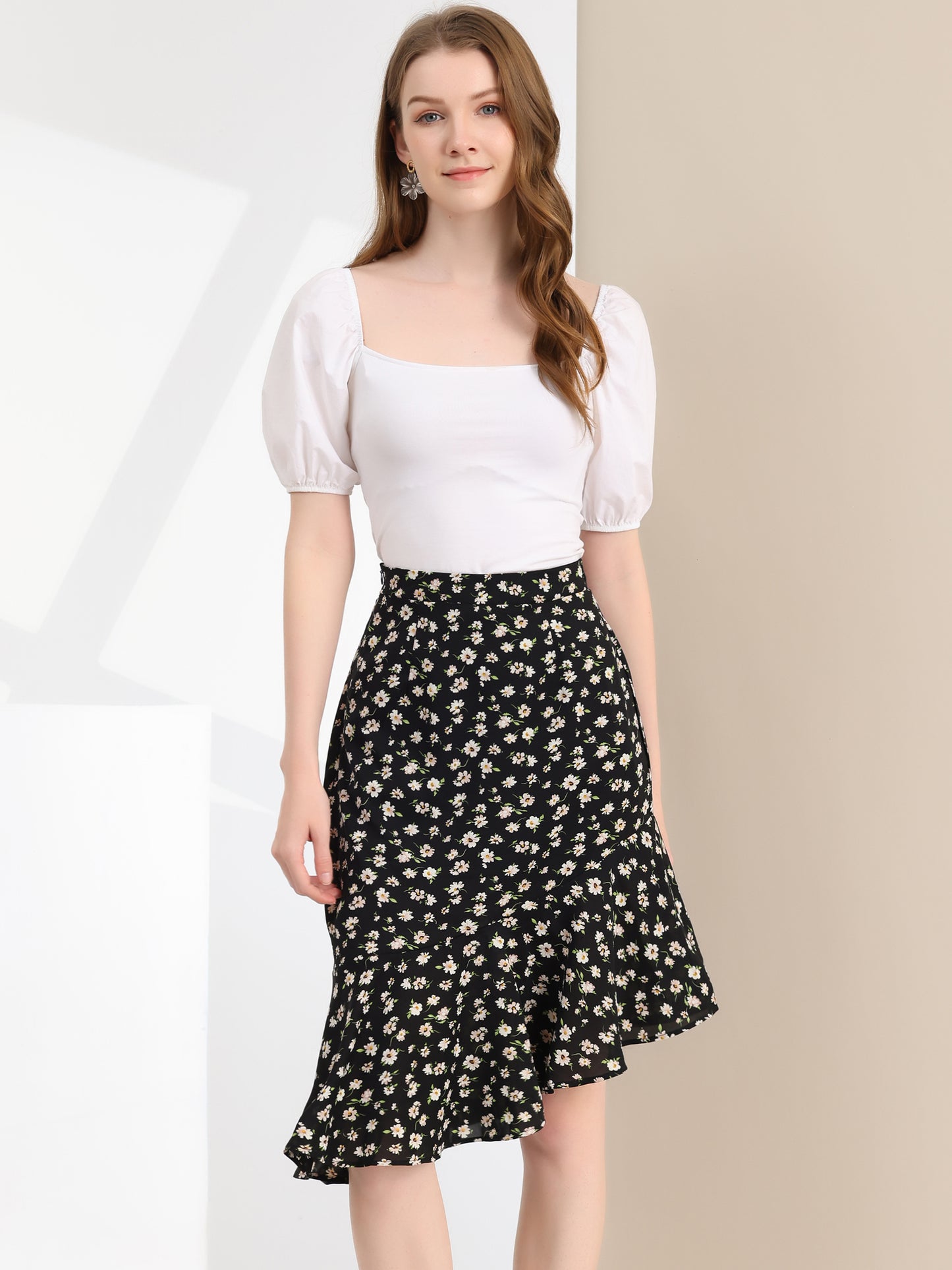 Falda de verano con volantes asimétricos, estilo sirena, cintura alta y elegante diseño floral para mujer