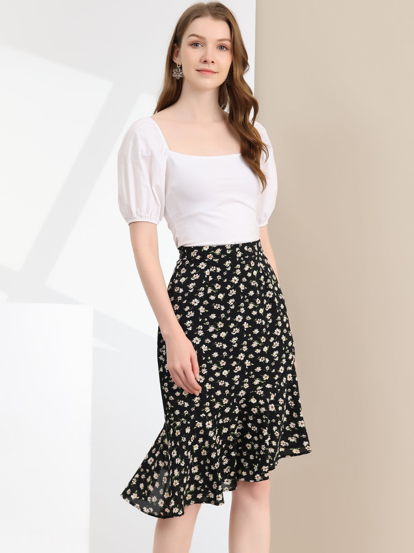 Falda de verano con volantes asimétricos, estilo sirena, cintura alta y elegante diseño floral para mujer