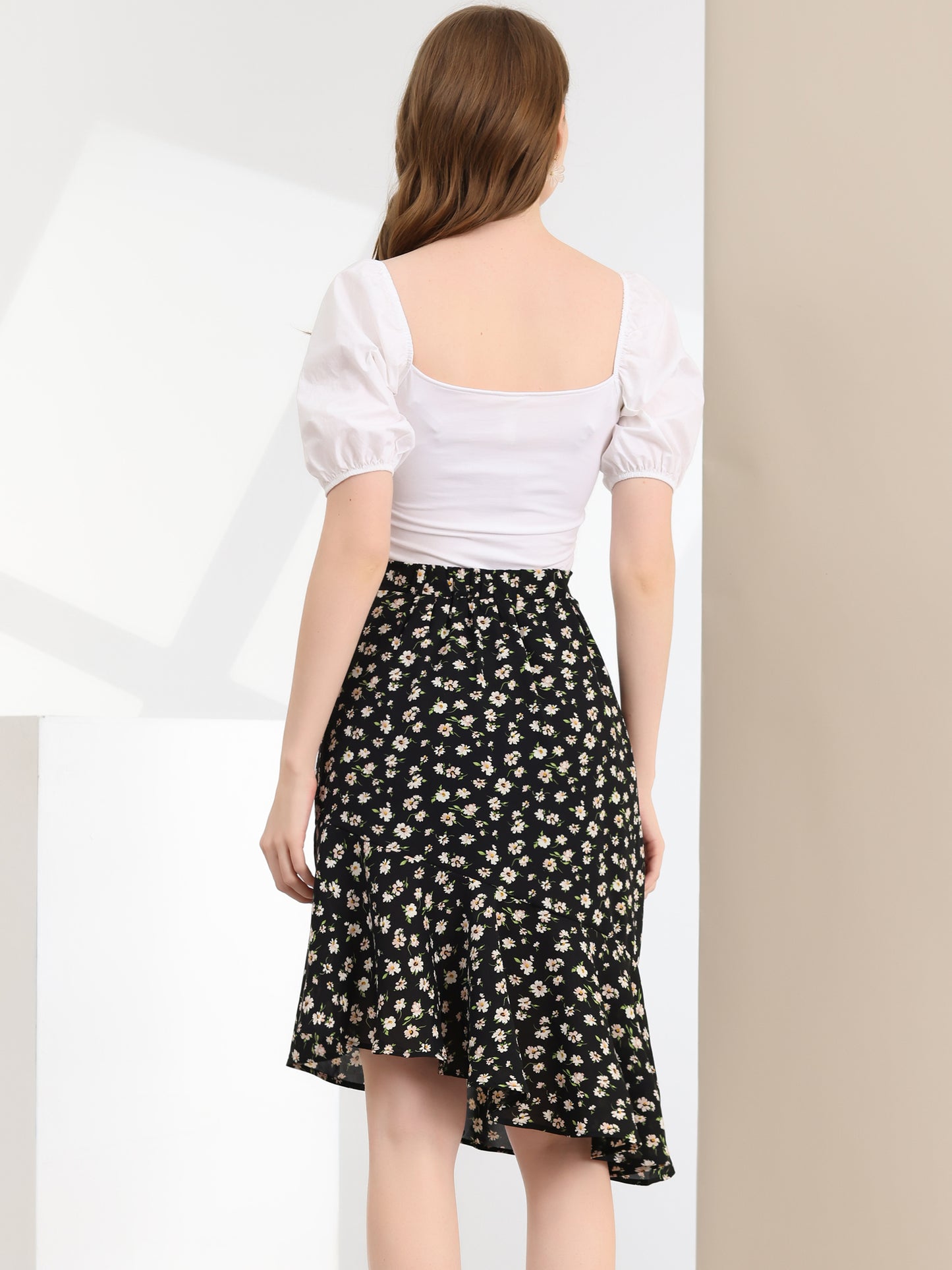 Falda de verano con volantes asimétricos, estilo sirena, cintura alta y elegante diseño floral para mujer