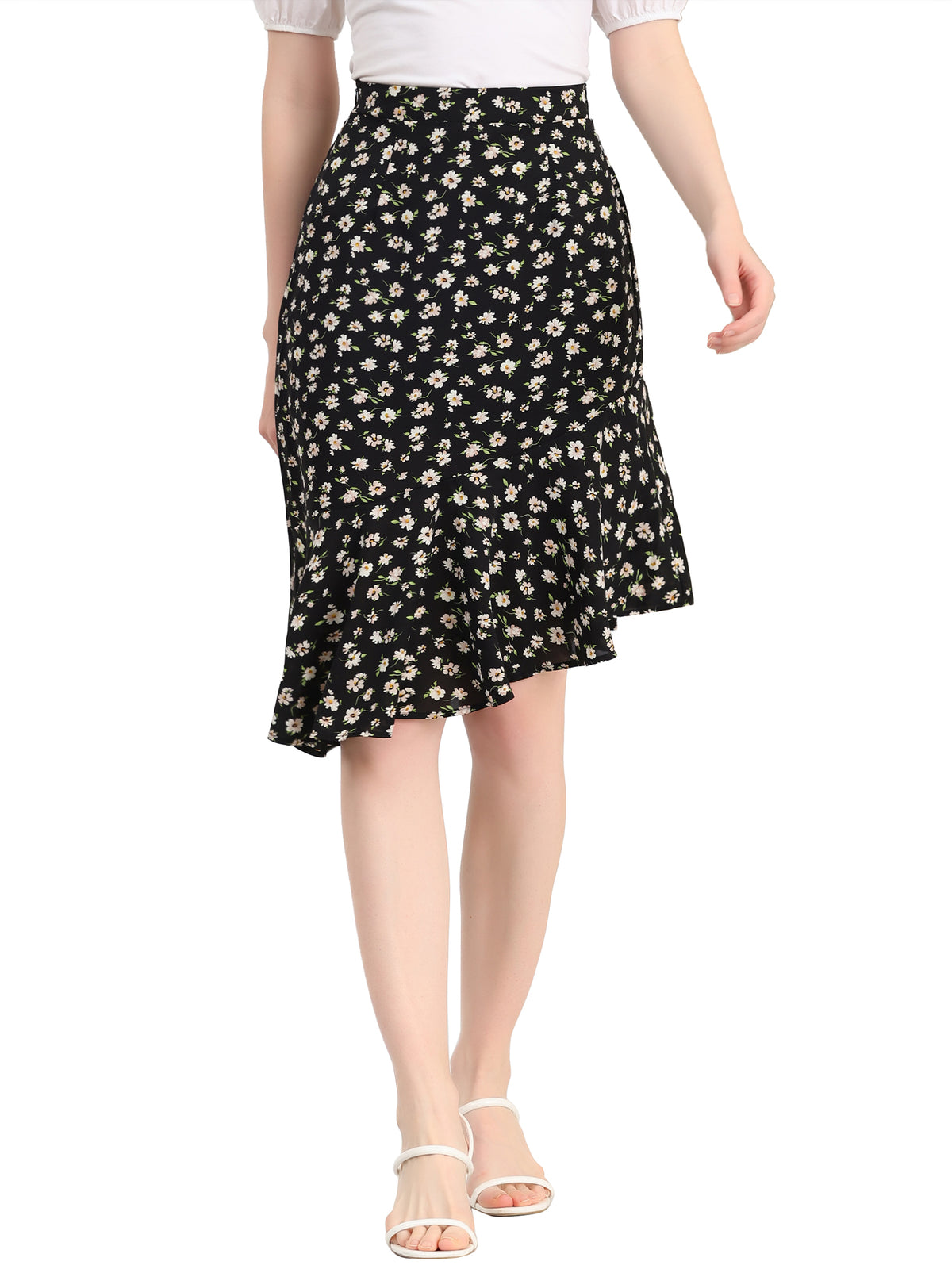 Women's Floral Eleagnt High Waist Mermaid Asymmetrical Ruffle Summer Skirt