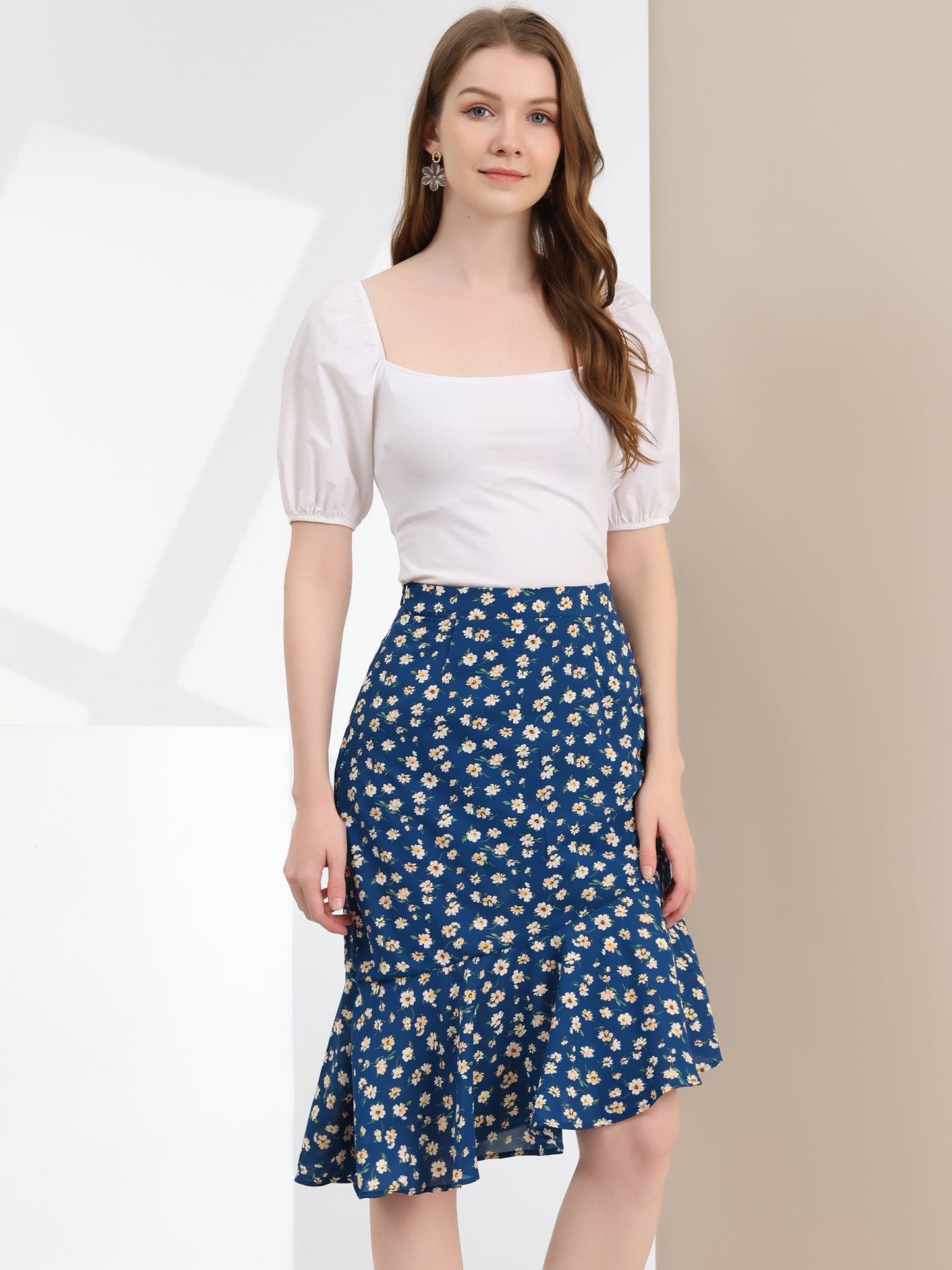 Women's Floral Eleagnt High Waist Mermaid Asymmetrical Ruffle Summer Skirt