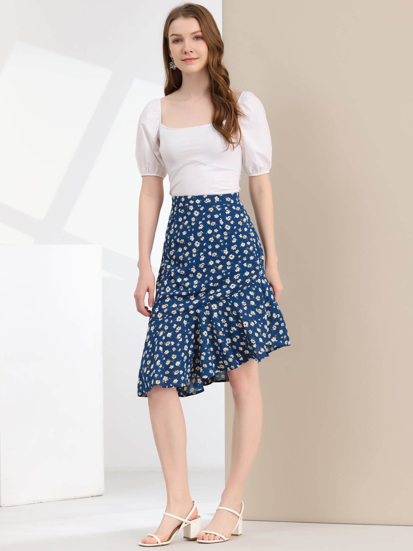 Women's Floral Eleagnt High Waist Mermaid Asymmetrical Ruffle Summer Skirt