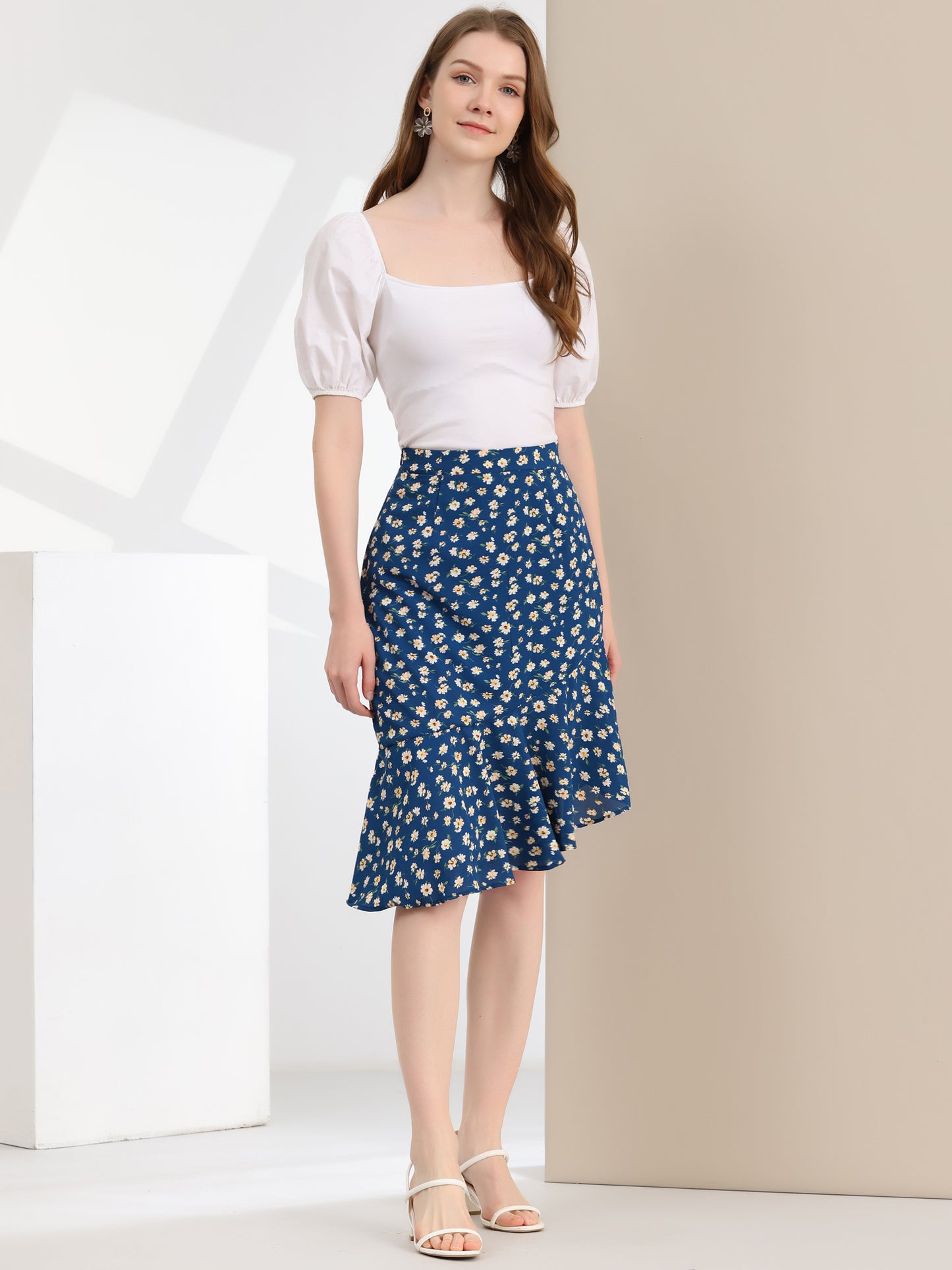 Women's Floral Eleagnt High Waist Mermaid Asymmetrical Ruffle Summer Skirt