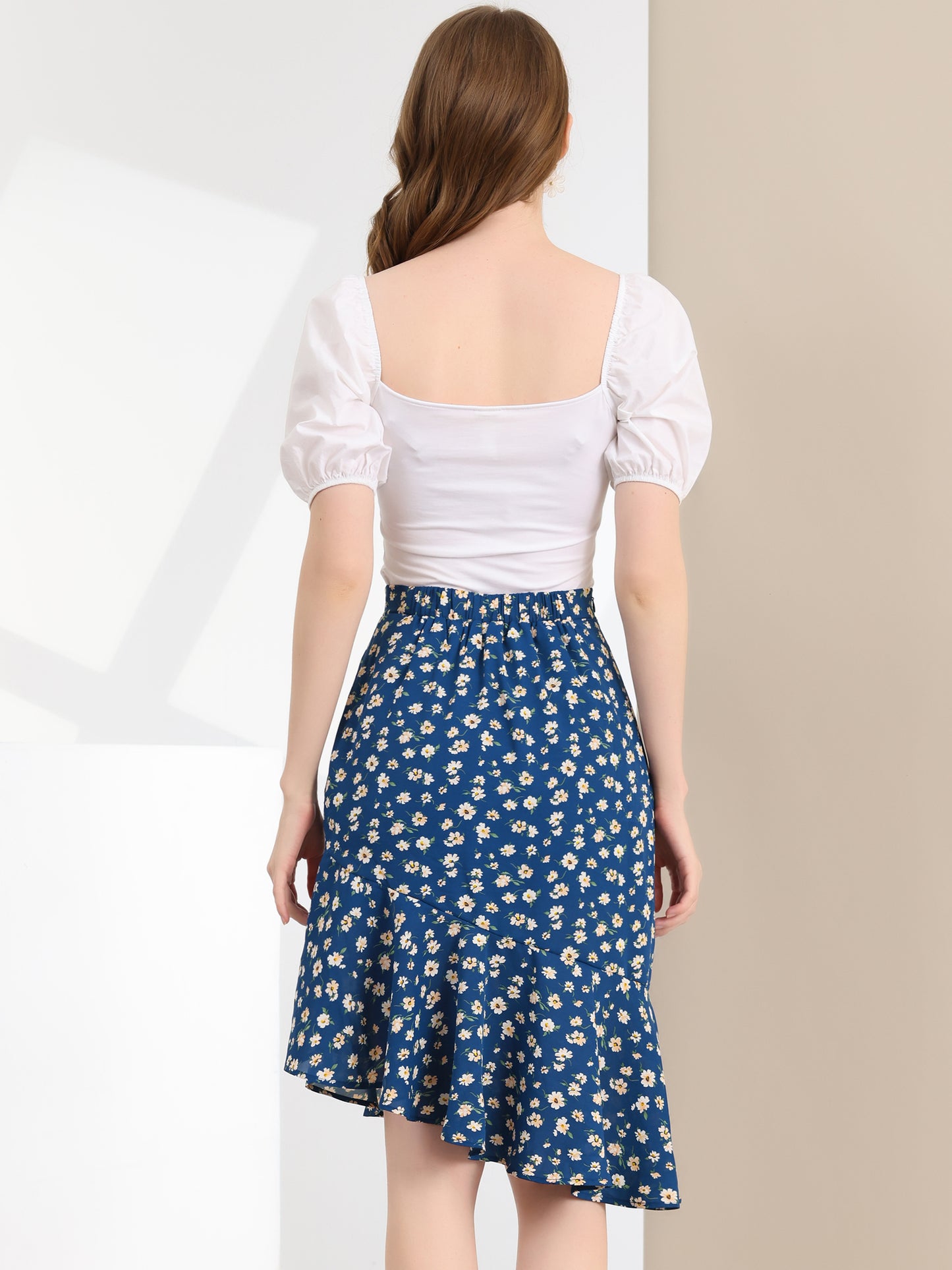 Women's Floral Eleagnt High Waist Mermaid Asymmetrical Ruffle Summer Skirt