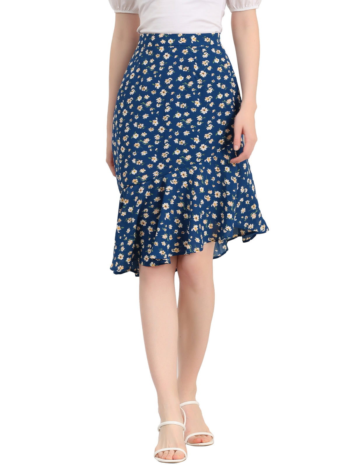 Women's Floral Eleagnt High Waist Mermaid Asymmetrical Ruffle Summer Skirt