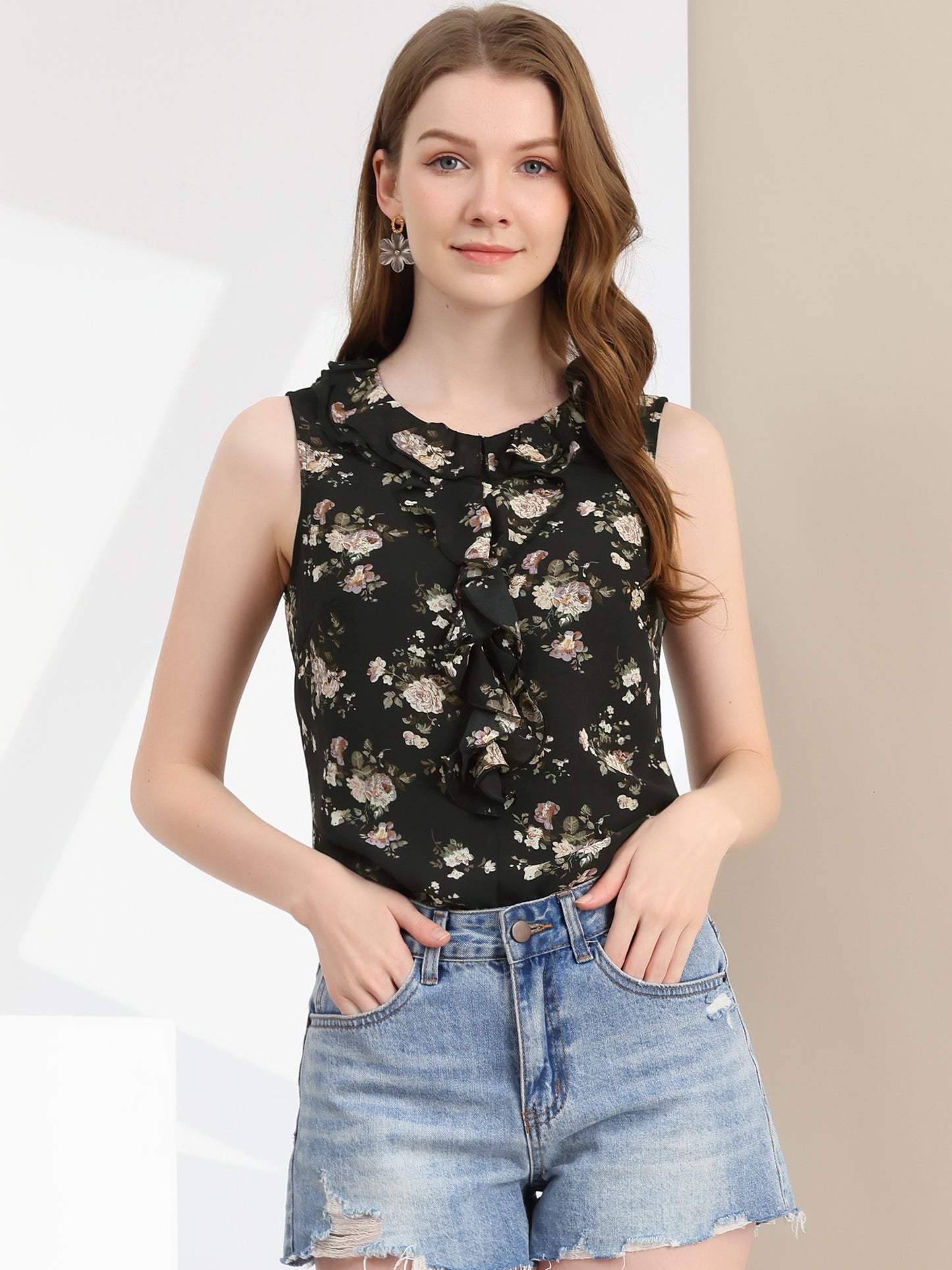 Women's Ruffle Sleeveless Chiffon Floral Top