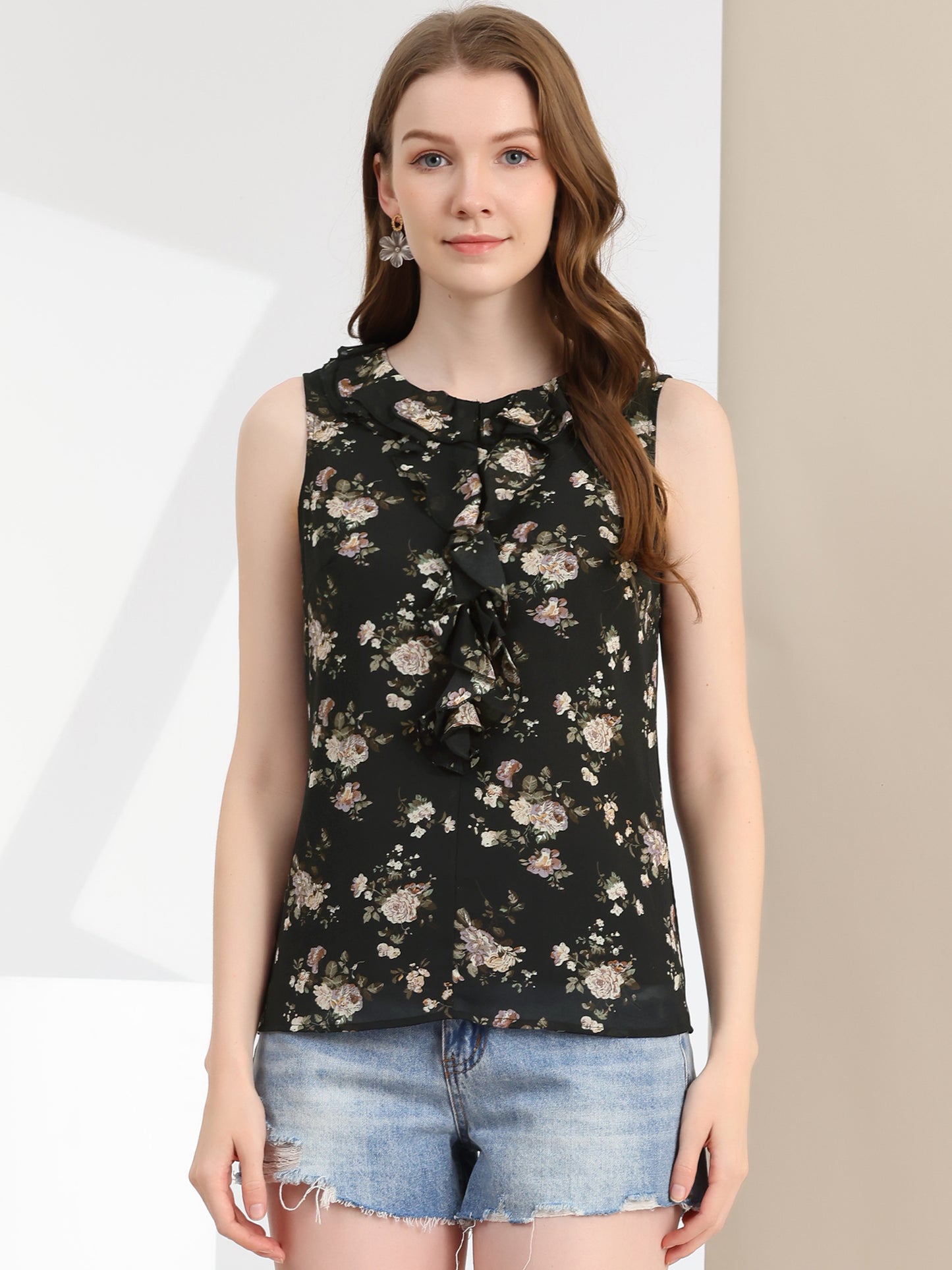Women's Ruffle Sleeveless Chiffon Floral Top