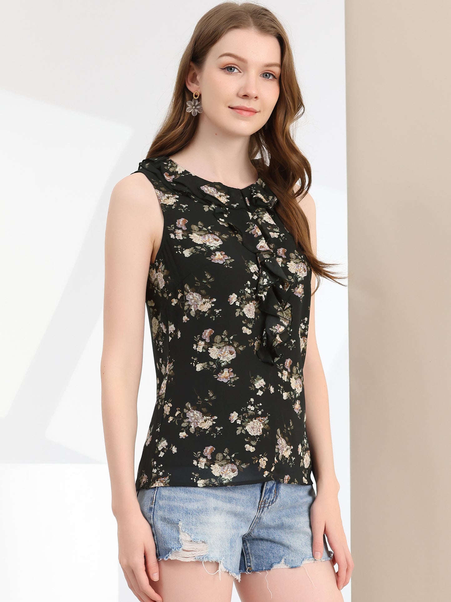 Women's Ruffle Sleeveless Chiffon Floral Top