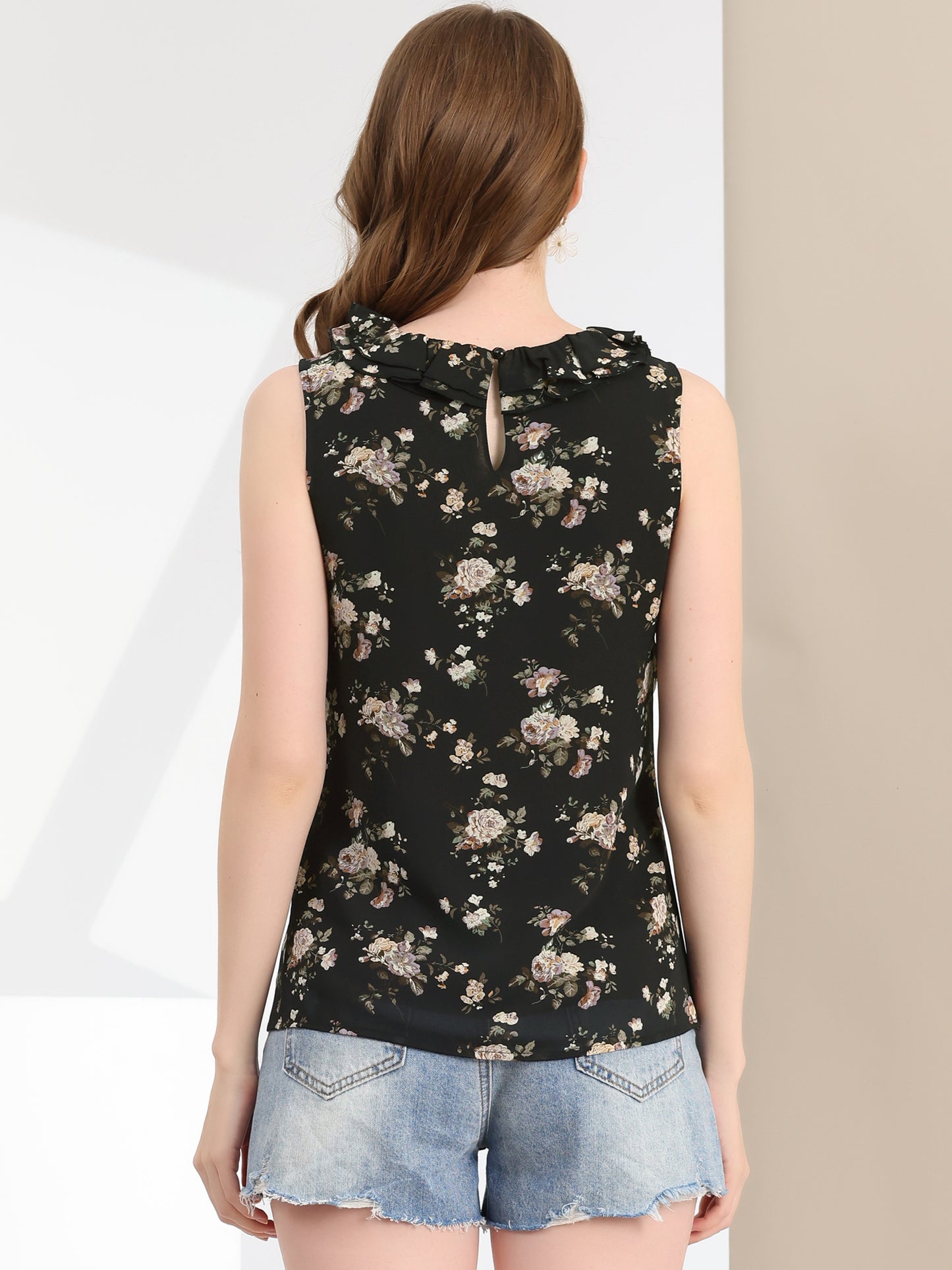 Women's Ruffle Sleeveless Chiffon Floral Top