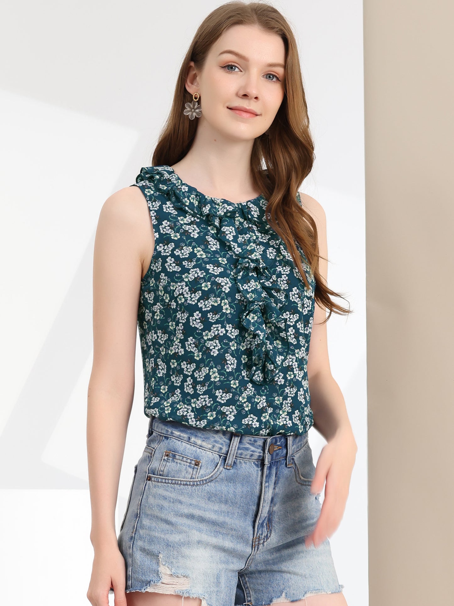 Women's Ruffle Sleeveless Chiffon Floral Top