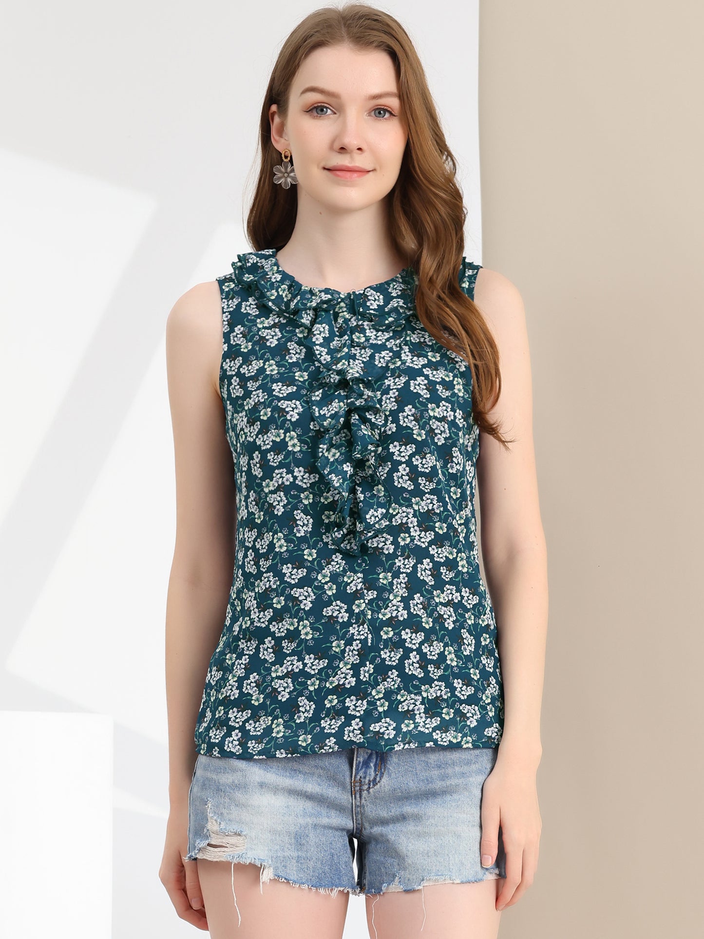 Women's Ruffle Sleeveless Chiffon Floral Top