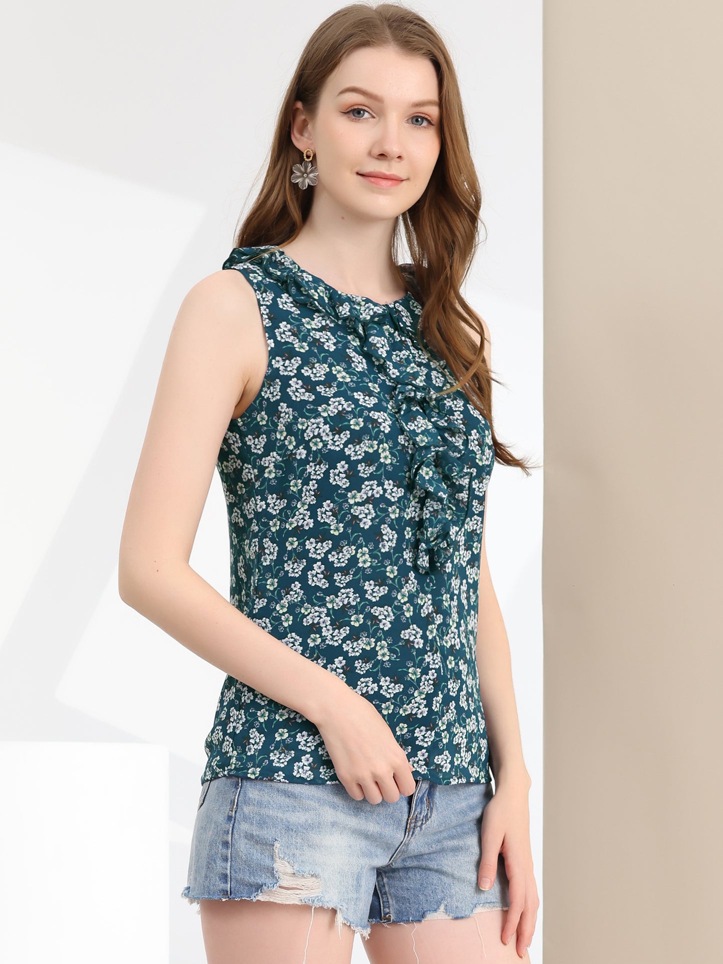 Women's Ruffle Sleeveless Chiffon Floral Top