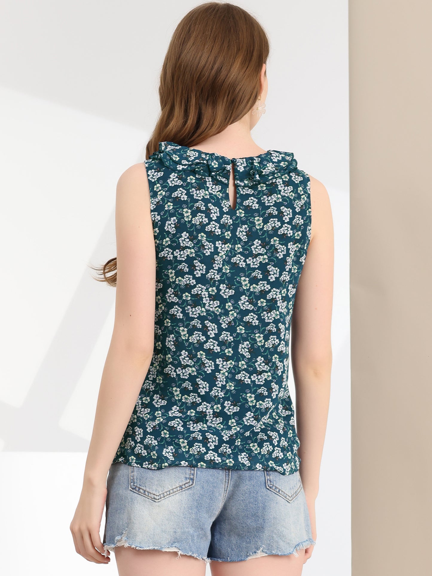 Women's Ruffle Sleeveless Chiffon Floral Top