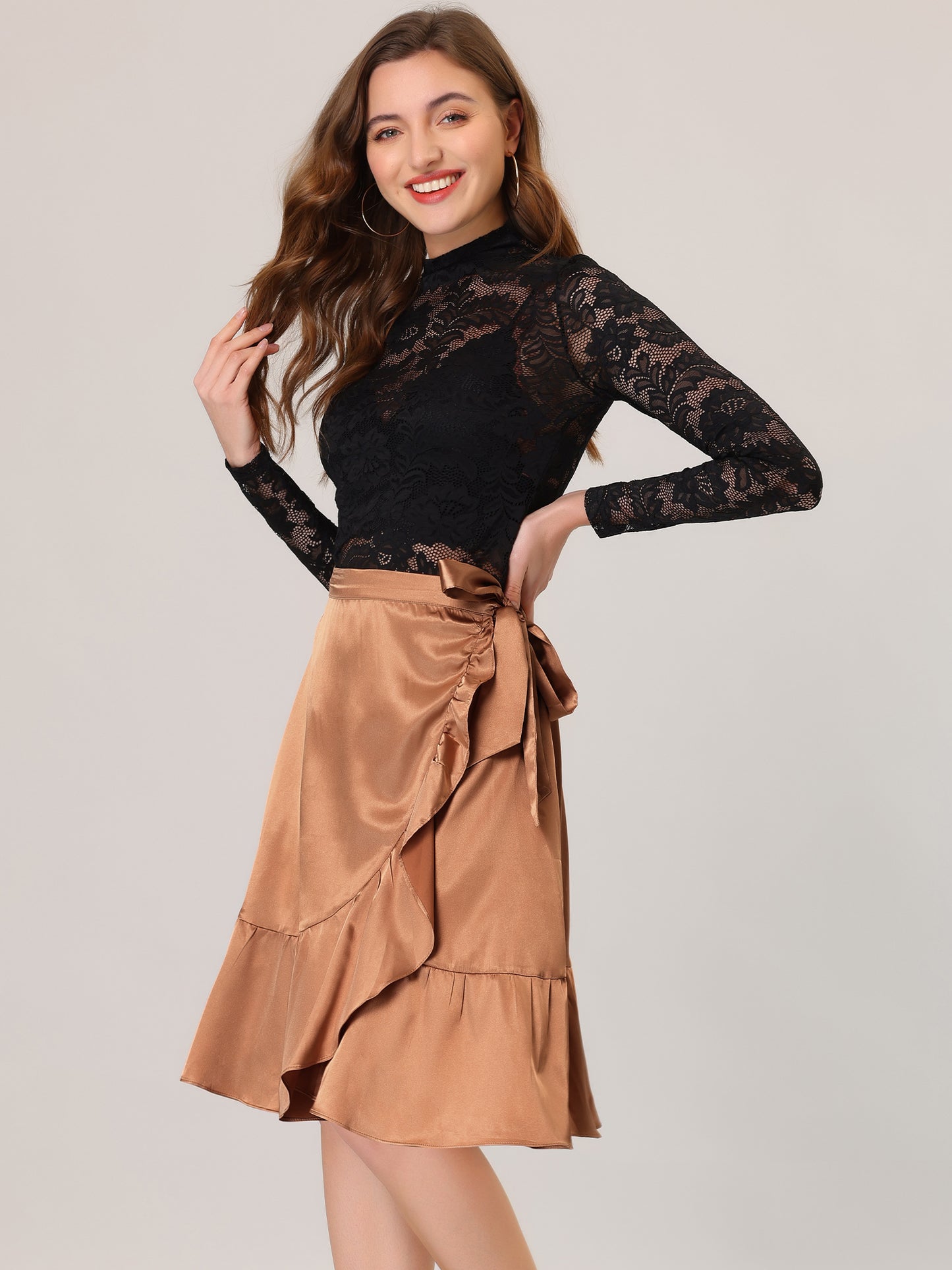 Falda midi asimétrica cruzada con lazo y cintura alta de satén con volantes para mujer