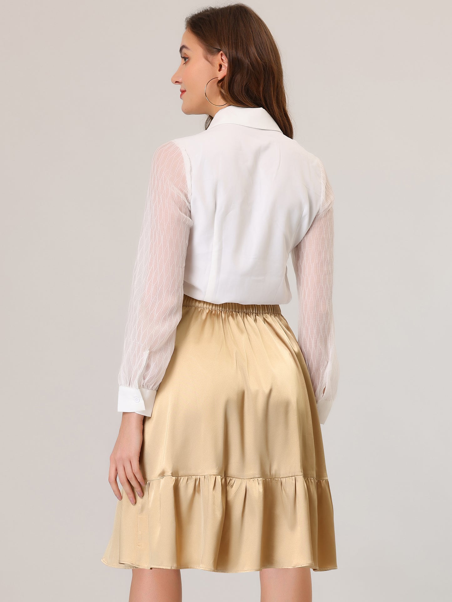 Falda midi asimétrica cruzada con lazo y cintura alta de satén con volantes para mujer