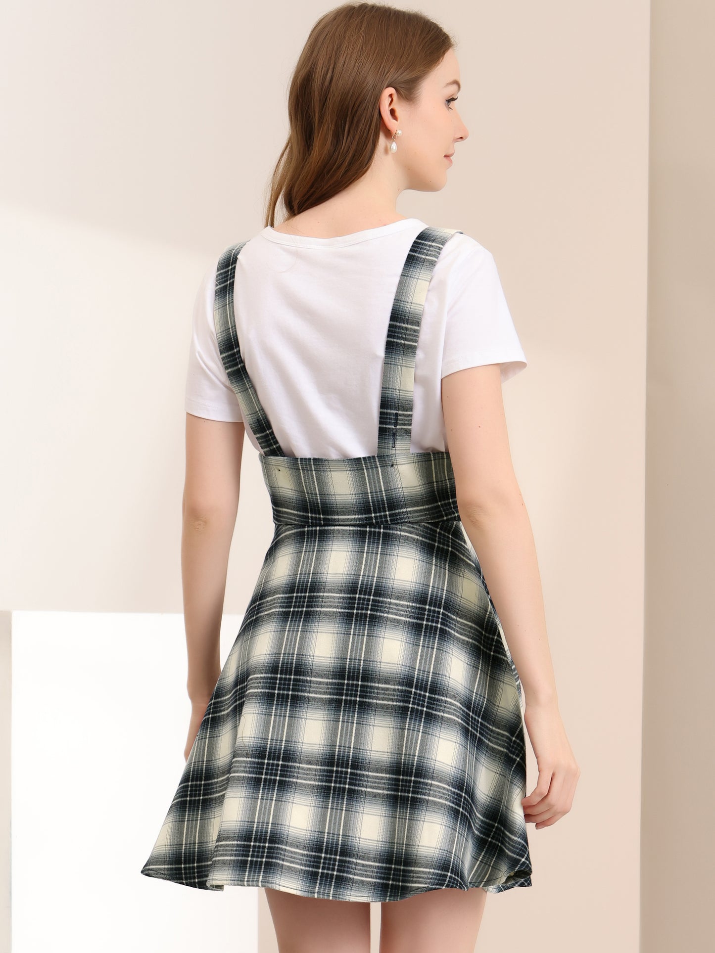Vestido largo a cuadros para mujer, cuello en U, sin mangas, falda con tirantes y delantal navideño