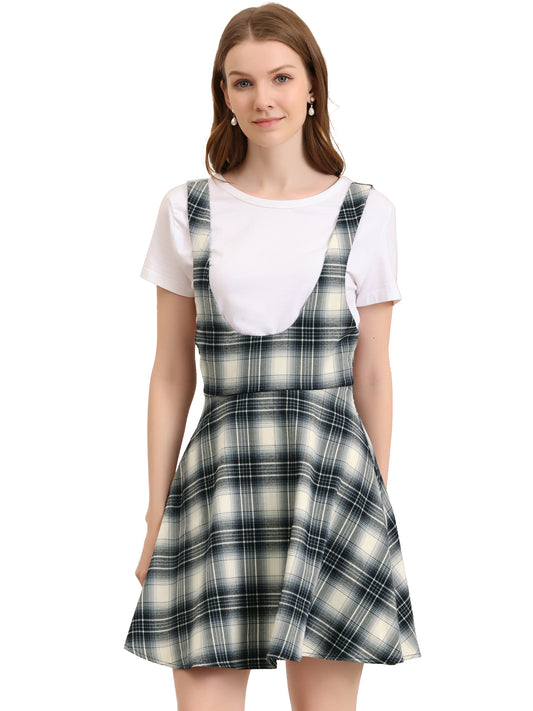 Vestido largo a cuadros para mujer, cuello en U, sin mangas, falda con tirantes y delantal navideño