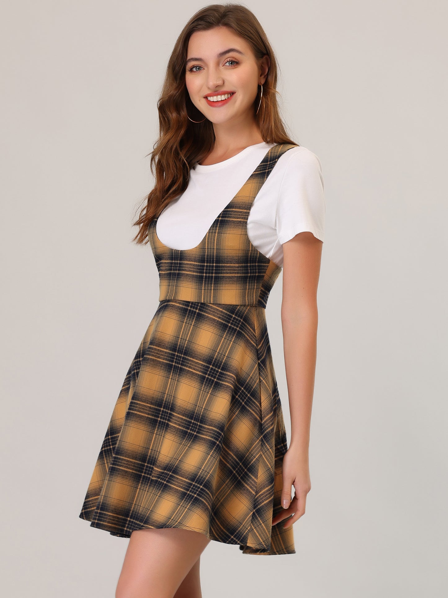 Vestido largo a cuadros para mujer, cuello en U, sin mangas, falda con tirantes y delantal navideño
