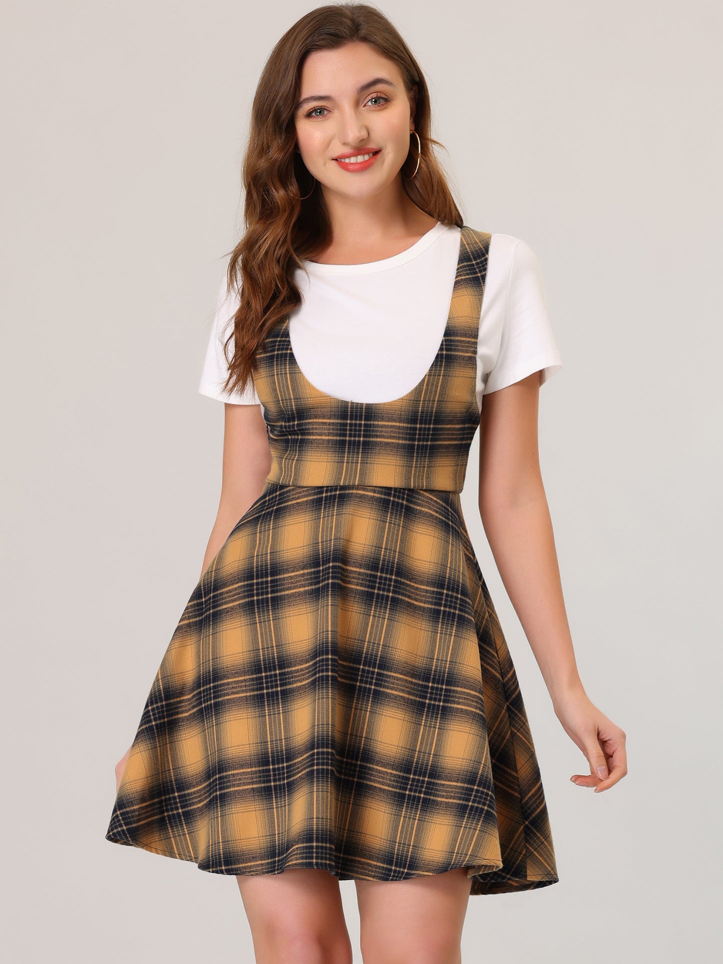 Vestido largo a cuadros para mujer, cuello en U, sin mangas, falda con tirantes y delantal navideño