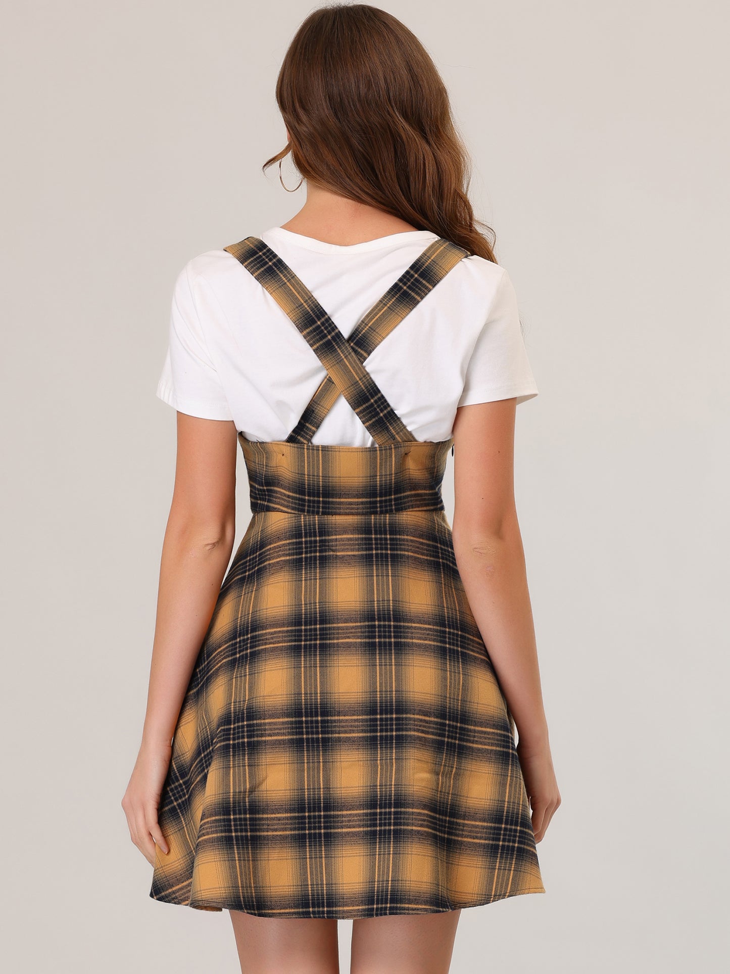 Vestido largo a cuadros para mujer, cuello en U, sin mangas, falda con tirantes y delantal navideño