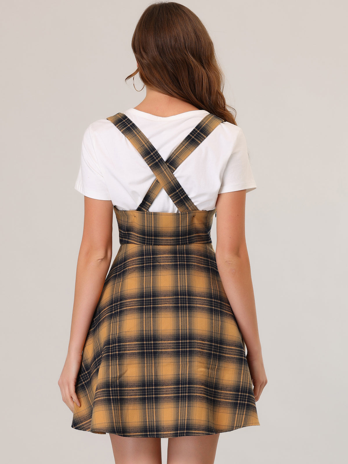 Women's Plaid Overall Dress U Neck Sleeveless Christmas Pinafore Suspender Skirt