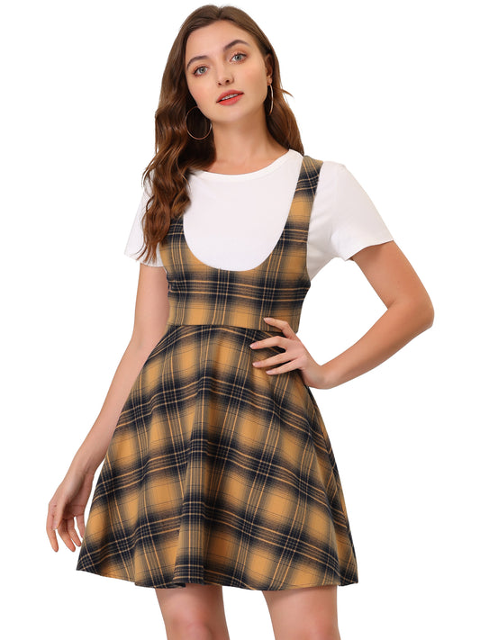 Women's Plaid Overall Dress U Neck Sleeveless Christmas Pinafore Suspender Skirt