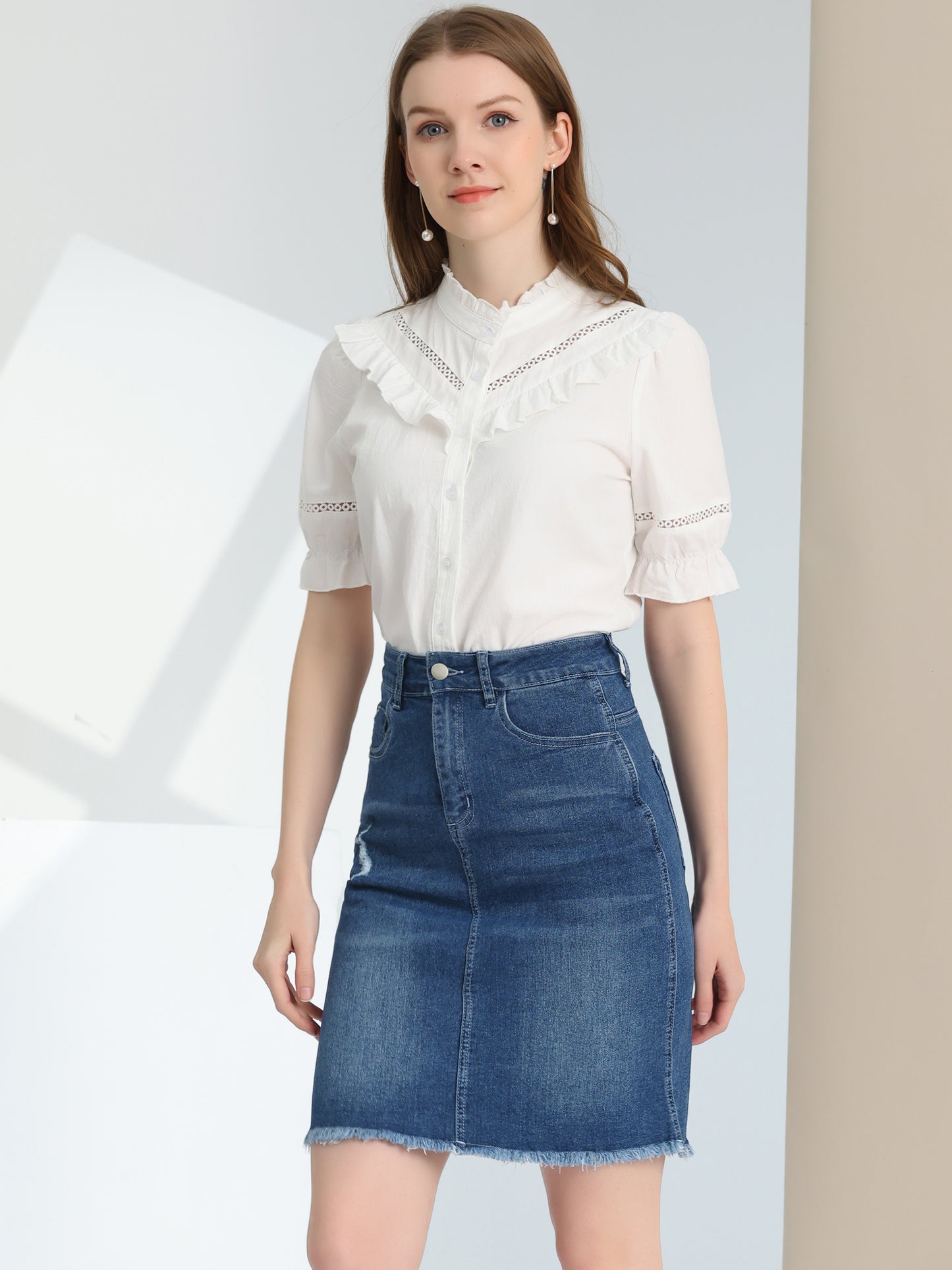 Women's Basic Distressed High Waist Ripped Hem Washed Jeans Denim Skirt (Available in Plus Size)