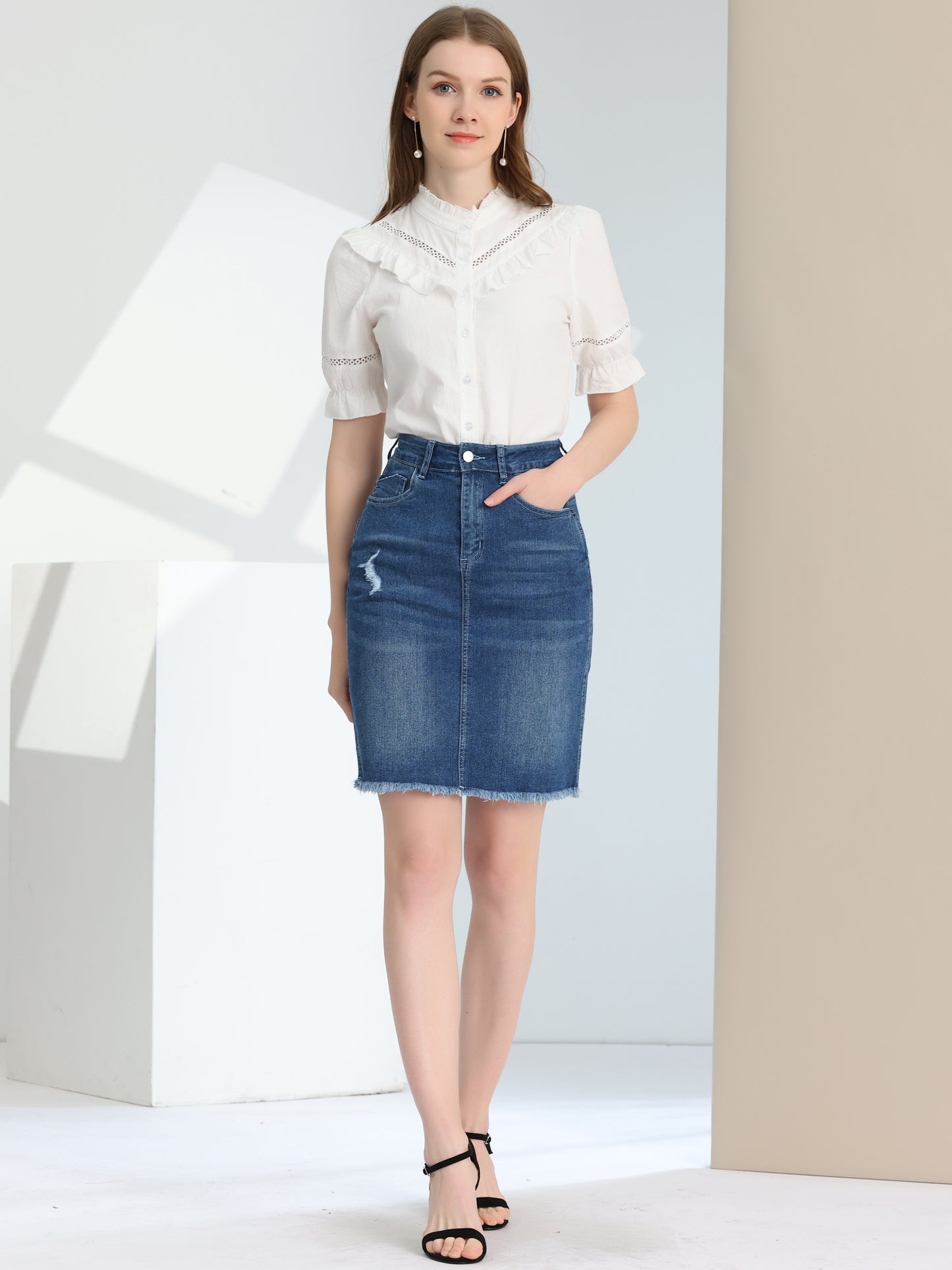Women's Basic Distressed High Waist Ripped Hem Washed Jeans Denim Skirt (Available in Plus Size)