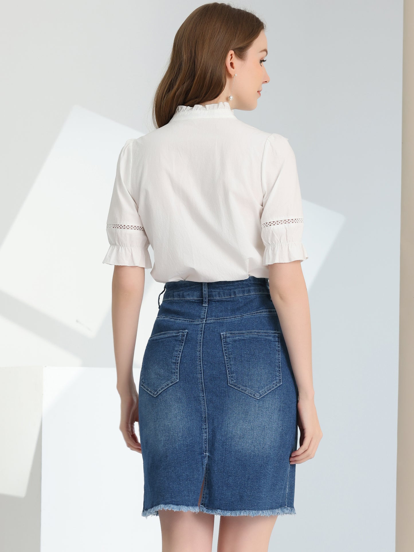 Women's Basic Distressed High Waist Ripped Hem Washed Jeans Denim Skirt (Available in Plus Size)