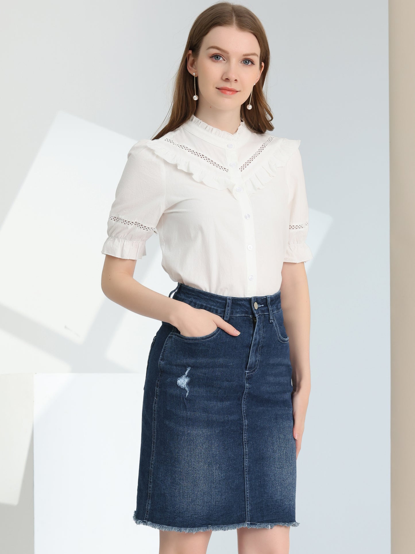 Women's Basic Distressed High Waist Ripped Hem Washed Jeans Denim Skirt (Available in Plus Size)