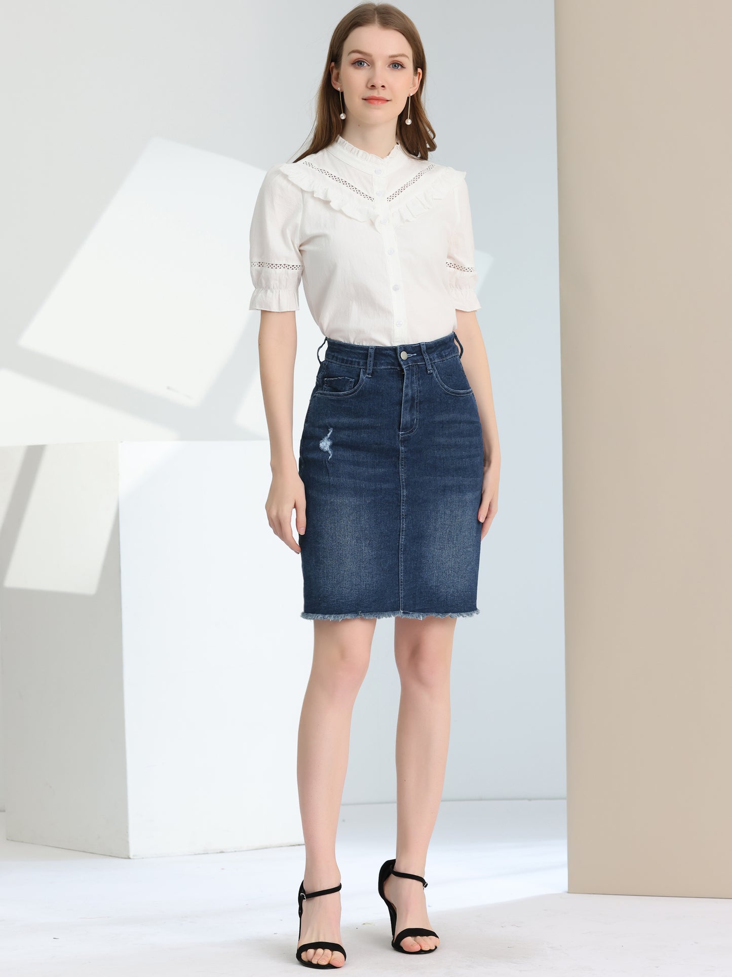 Women's Basic Distressed High Waist Ripped Hem Washed Jeans Denim Skirt (Available in Plus Size)