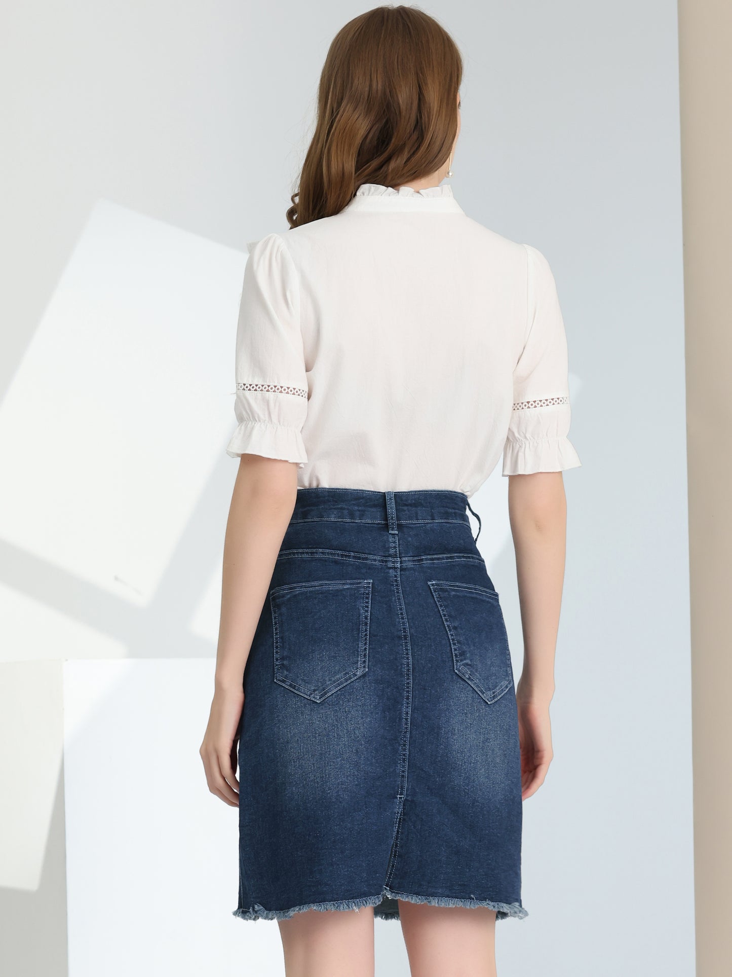 Women's Basic Distressed High Waist Ripped Hem Washed Jeans Denim Skirt (Available in Plus Size)