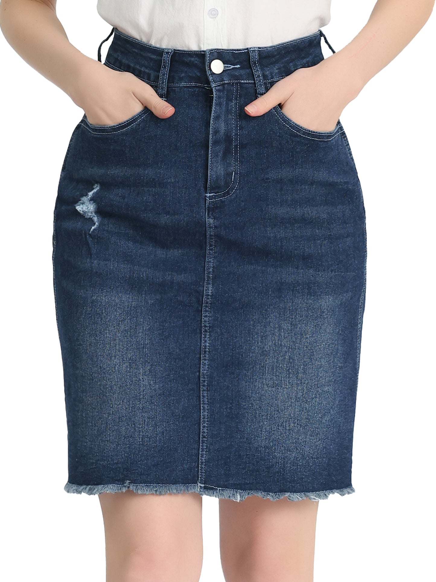 Women's Basic Distressed High Waist Ripped Hem Washed Jeans Denim Skirt (Available in Plus Size)