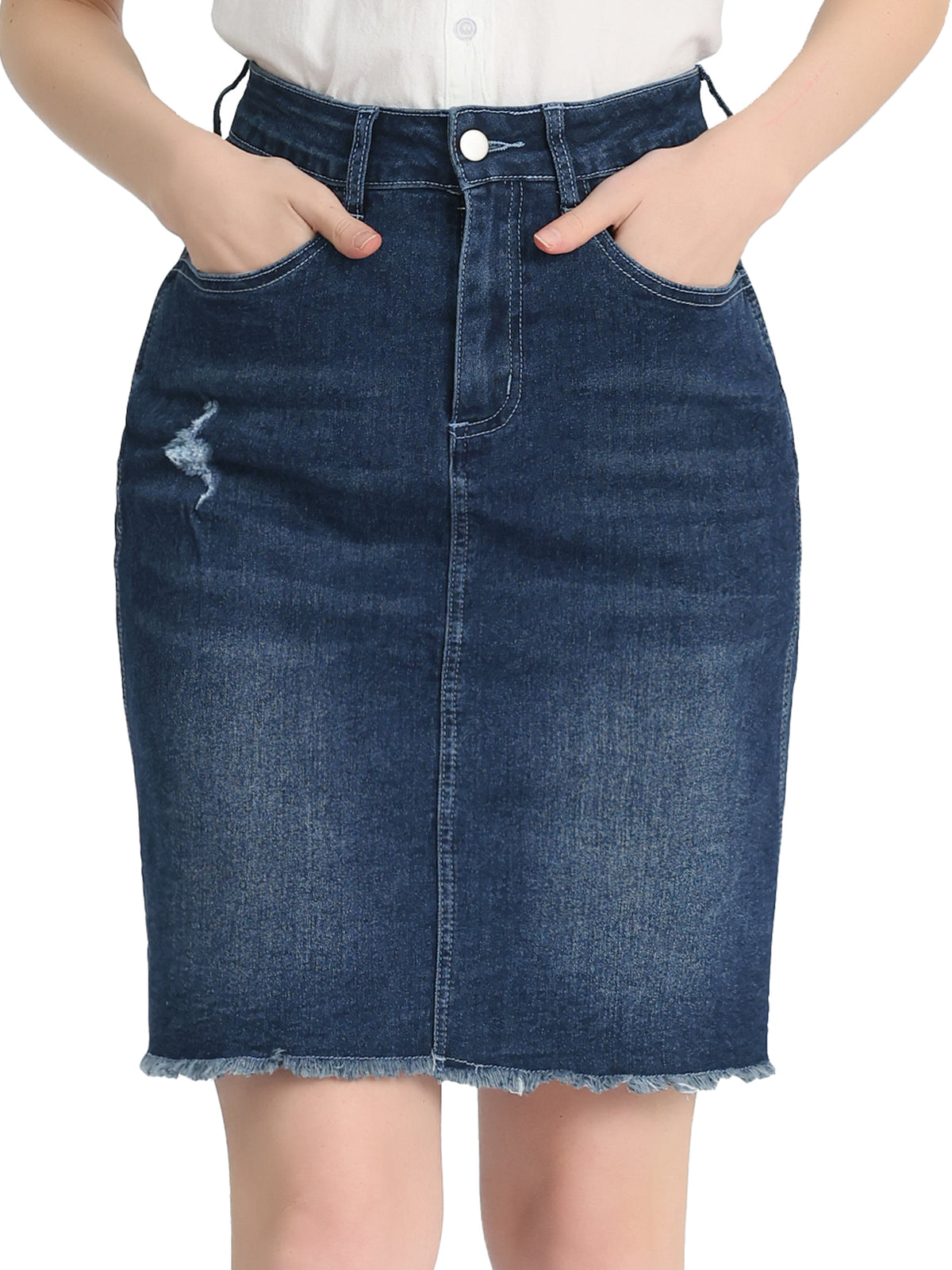 Women's Basic Distressed High Waist Ripped Hem Washed Jeans Denim Skirt (Available in Plus Size)