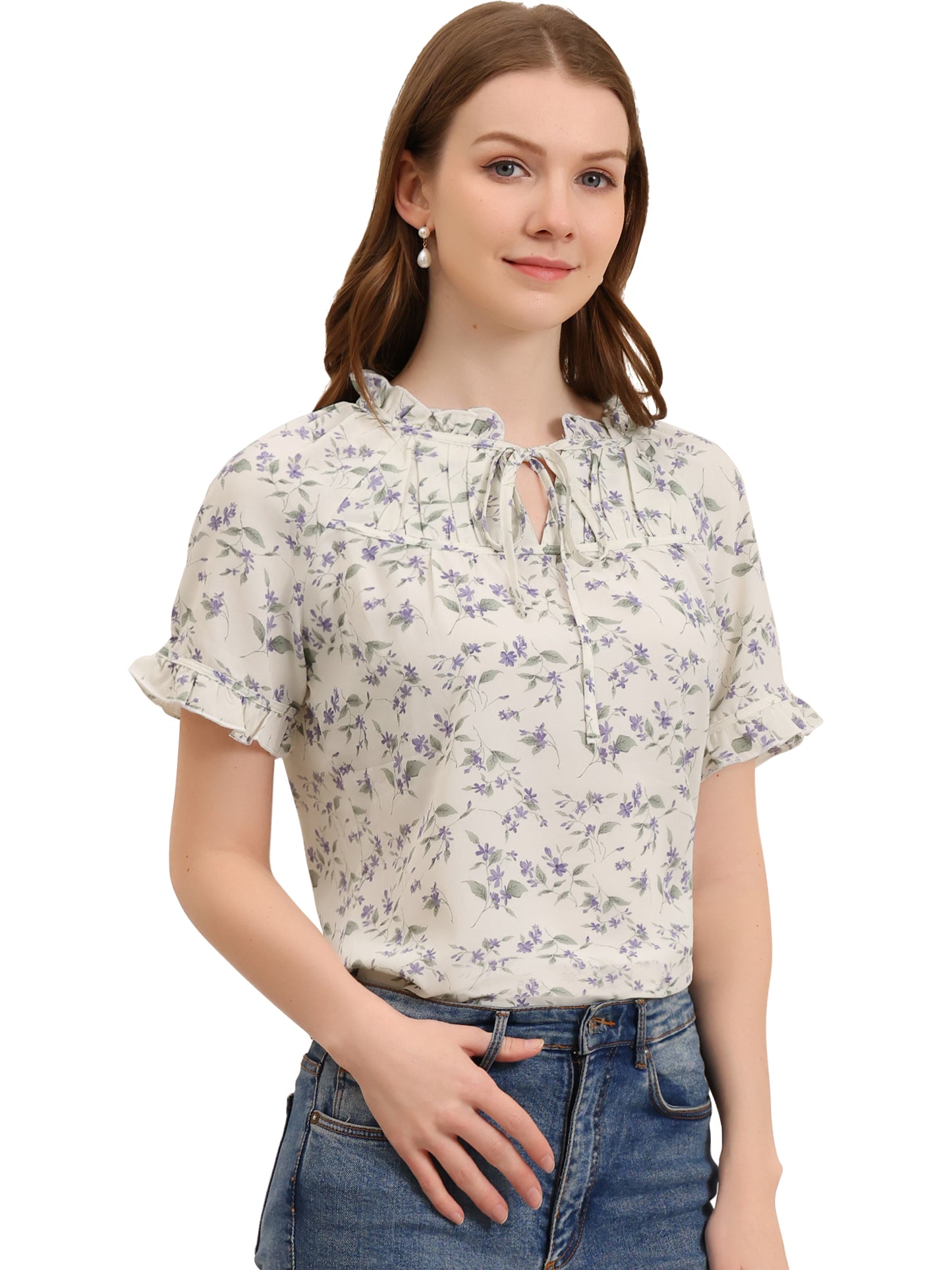 Women's Floral Tie Neck Ruffle Short Sleeves Peasant Blouse