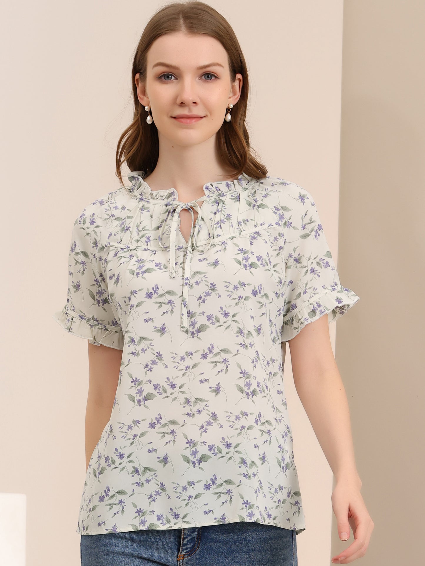 Women's Floral Tie Neck Ruffle Short Sleeves Peasant Blouse