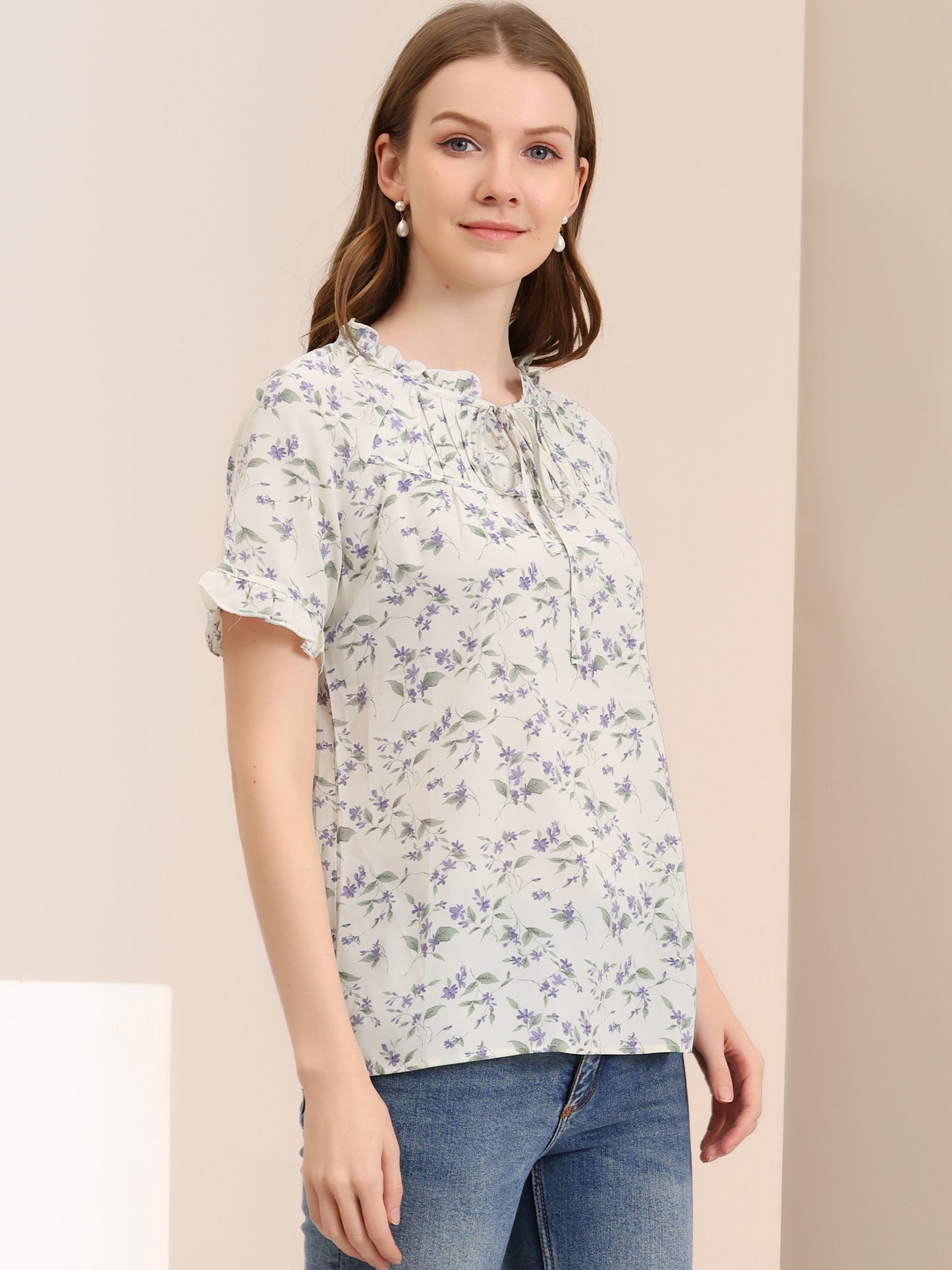 Women's Floral Tie Neck Ruffle Short Sleeves Peasant Blouse