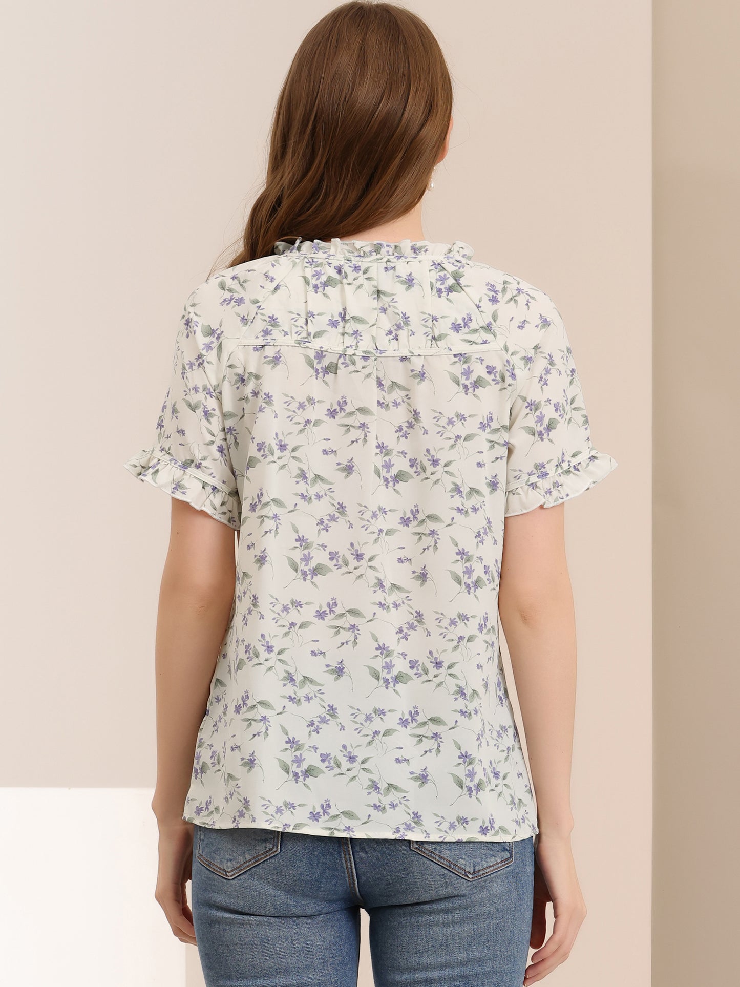 Women's Floral Tie Neck Ruffle Short Sleeves Peasant Blouse
