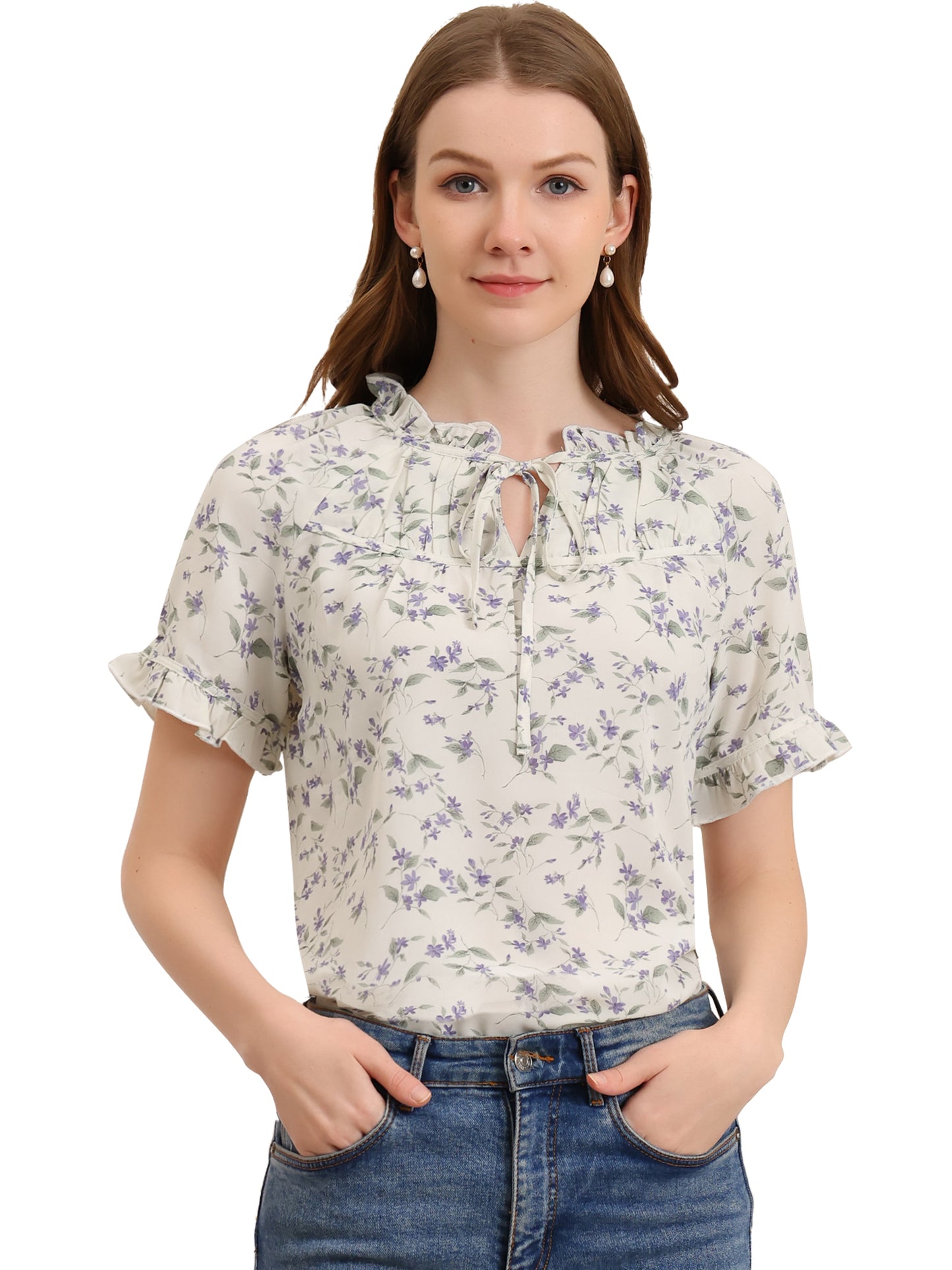 Women's Floral Tie Neck Ruffle Short Sleeves Peasant Blouse