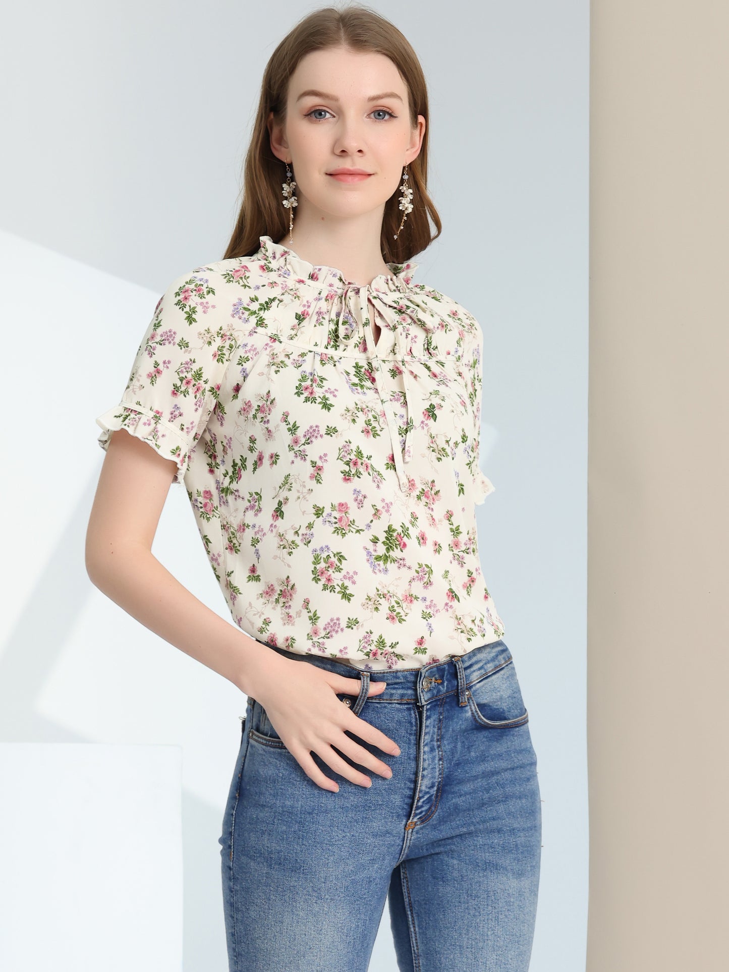Women's Floral Tie Neck Ruffle Short Sleeves Peasant Blouse