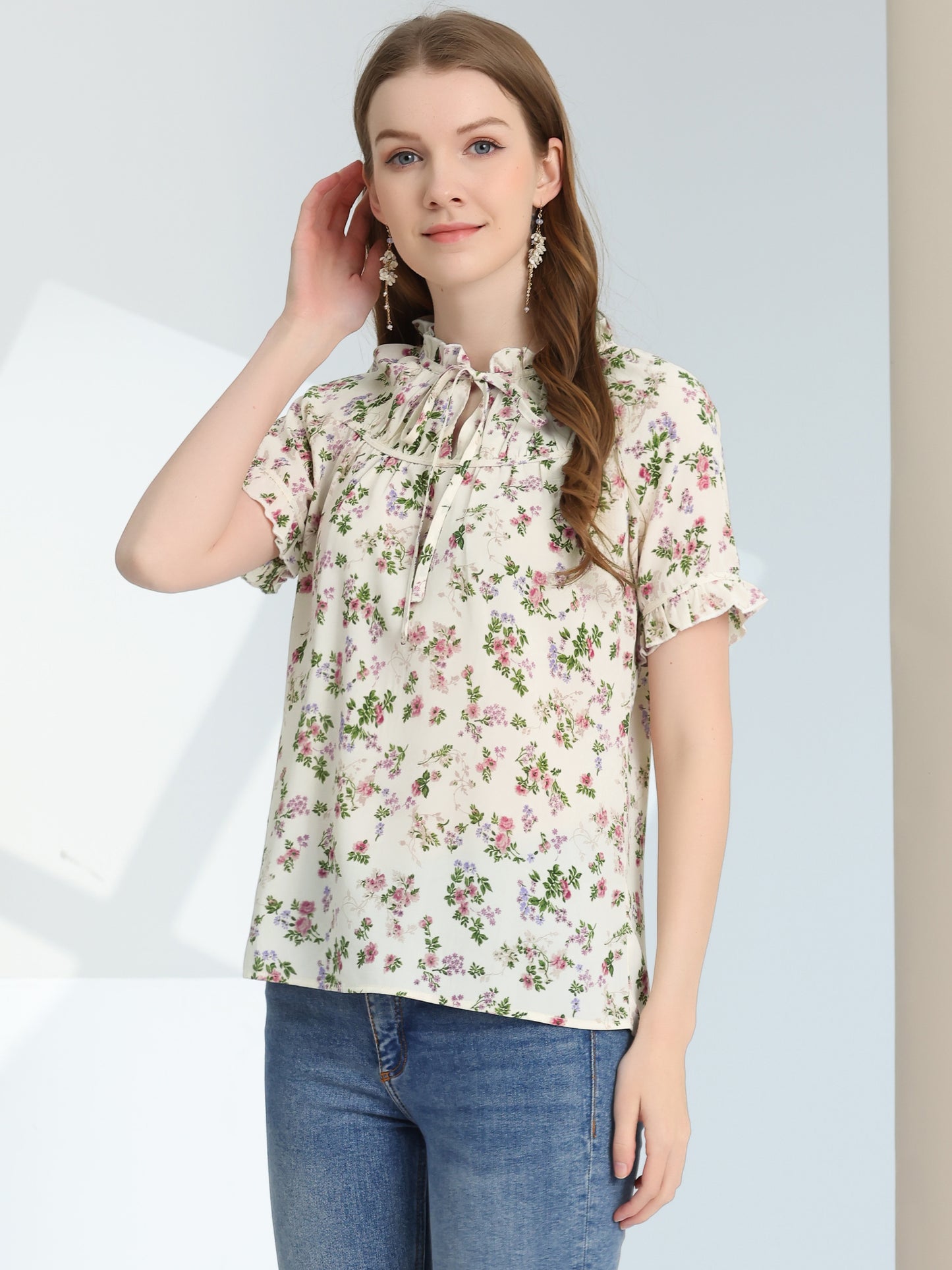 Women's Floral Tie Neck Ruffle Short Sleeves Peasant Blouse