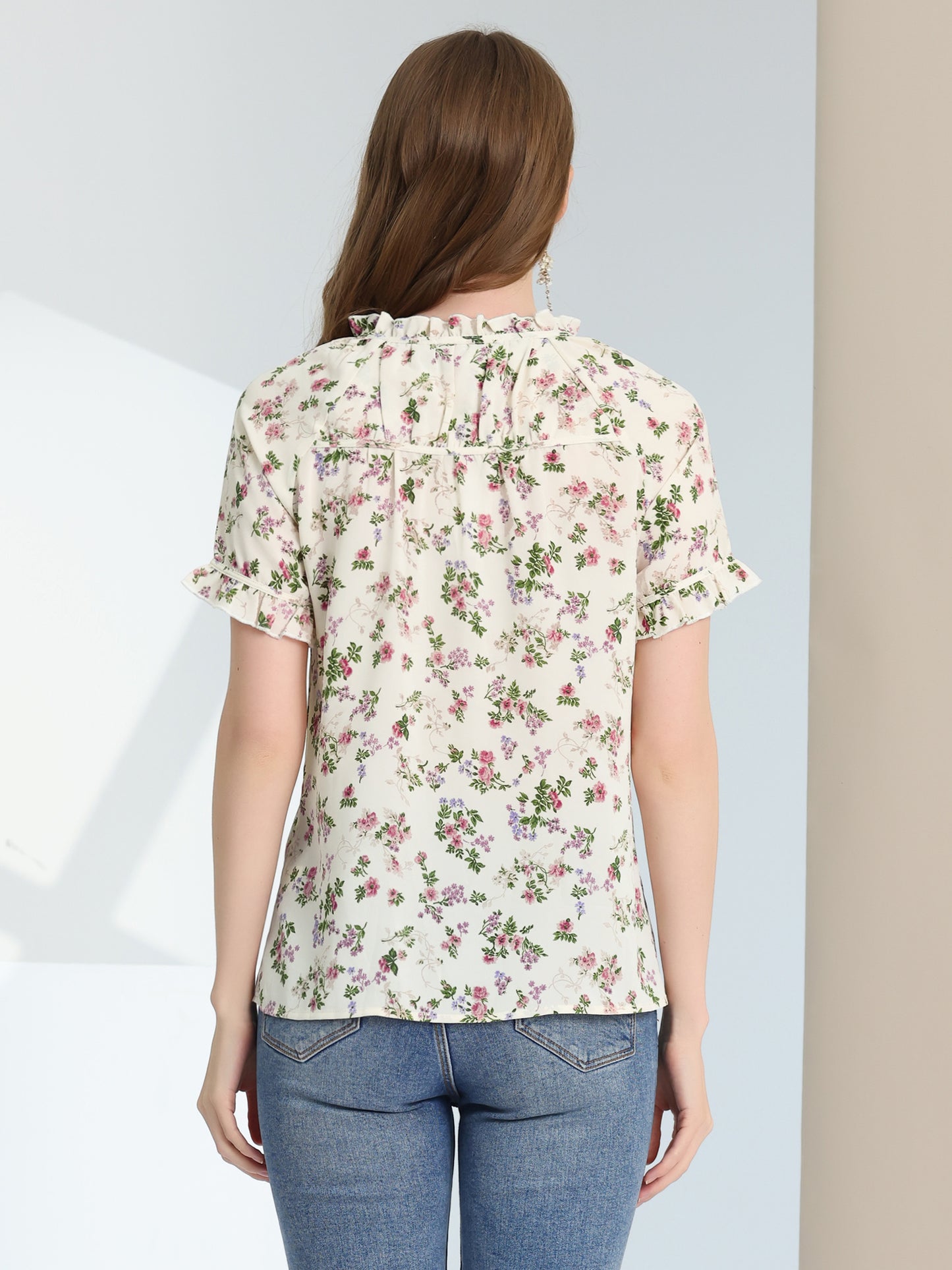 Women's Floral Tie Neck Ruffle Short Sleeves Peasant Blouse