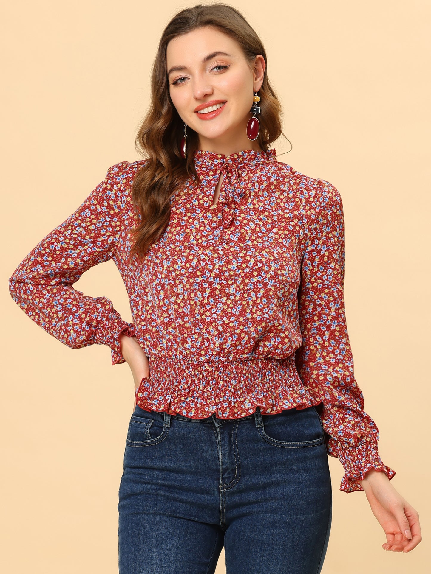 Women's Ruffle Neck Long Sleeve Cropped Smocked Floral Blouse