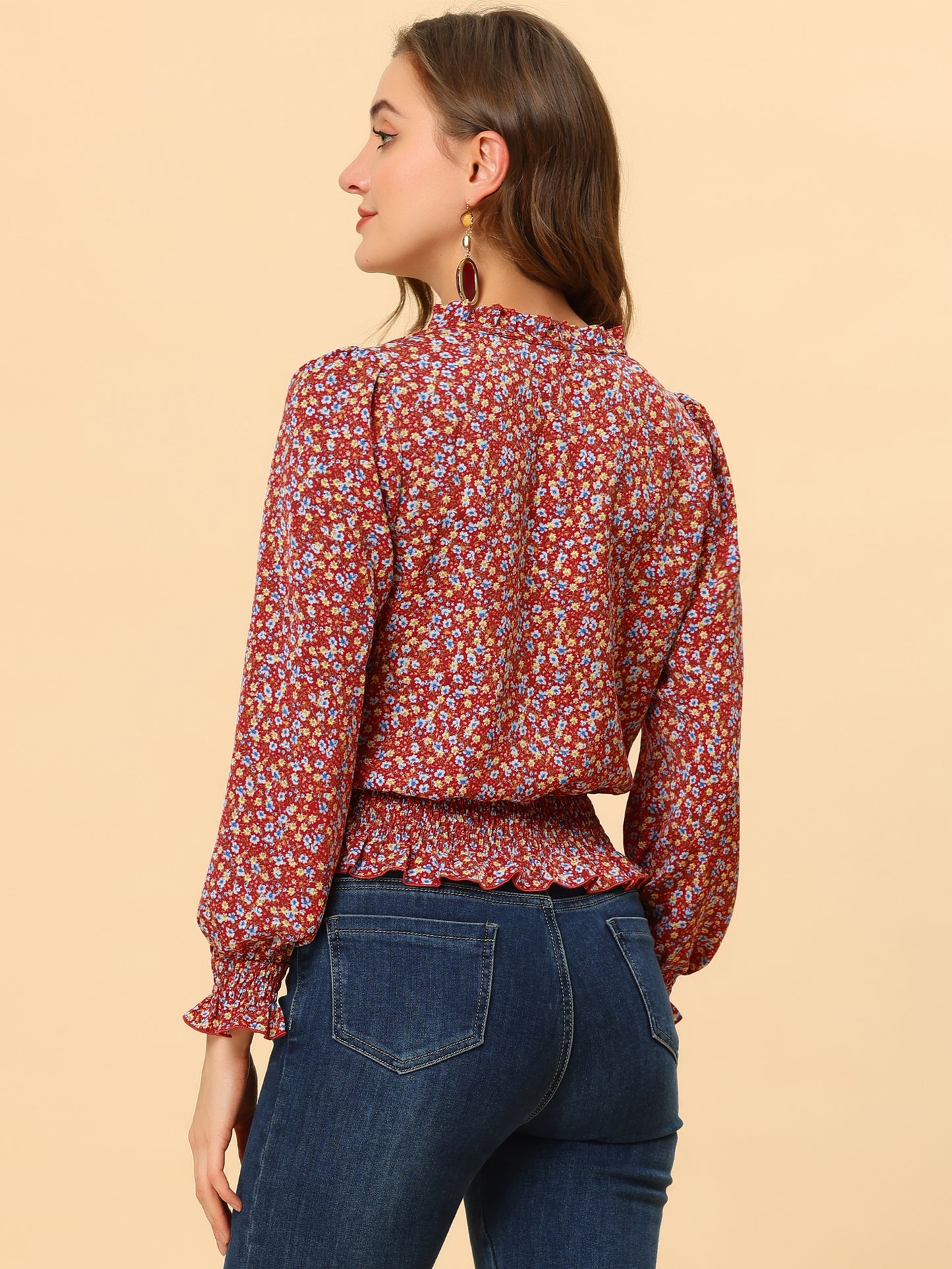 Women's Ruffle Neck Long Sleeve Cropped Smocked Floral Blouse