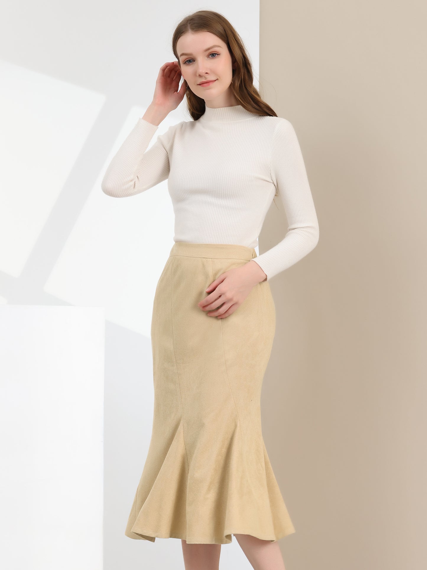 Women's Faux Suede Elastic Back Retro Work Fall Ruffle Hem Fishtail Midi Skirt