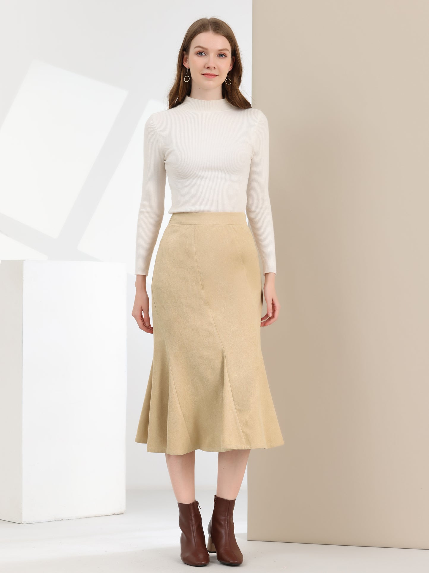 Women's Faux Suede Elastic Back Retro Work Fall Ruffle Hem Fishtail Midi Skirt